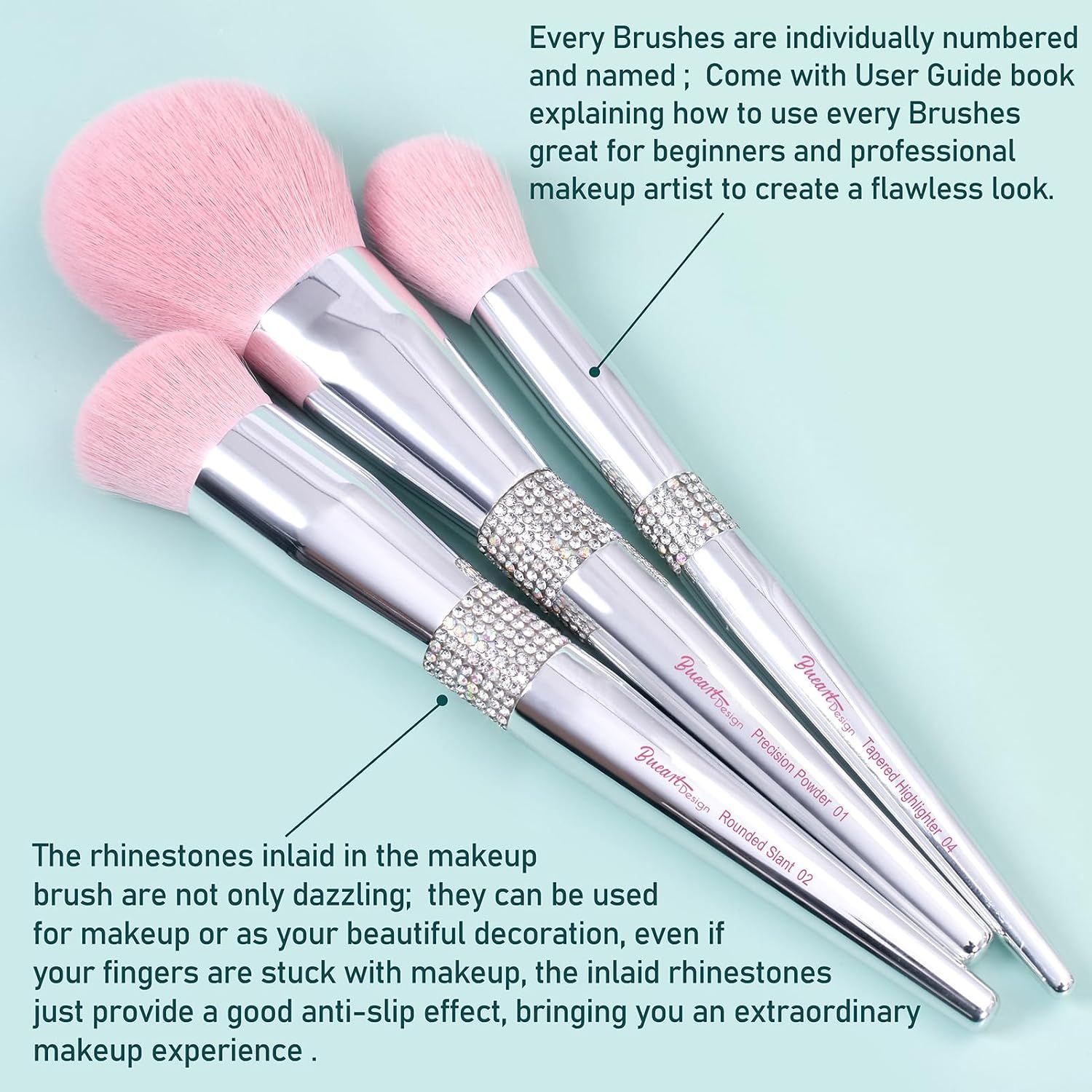Bueart Design 15Pcs Labeled Makeup Brushes Set with Elegant Pink Holder | Ultra-soft make up brush set for Foundation,Powder,Blush,Blending,Contour,Eyeshadow(15Pcs Silver Pink,Diamond) - Image 8