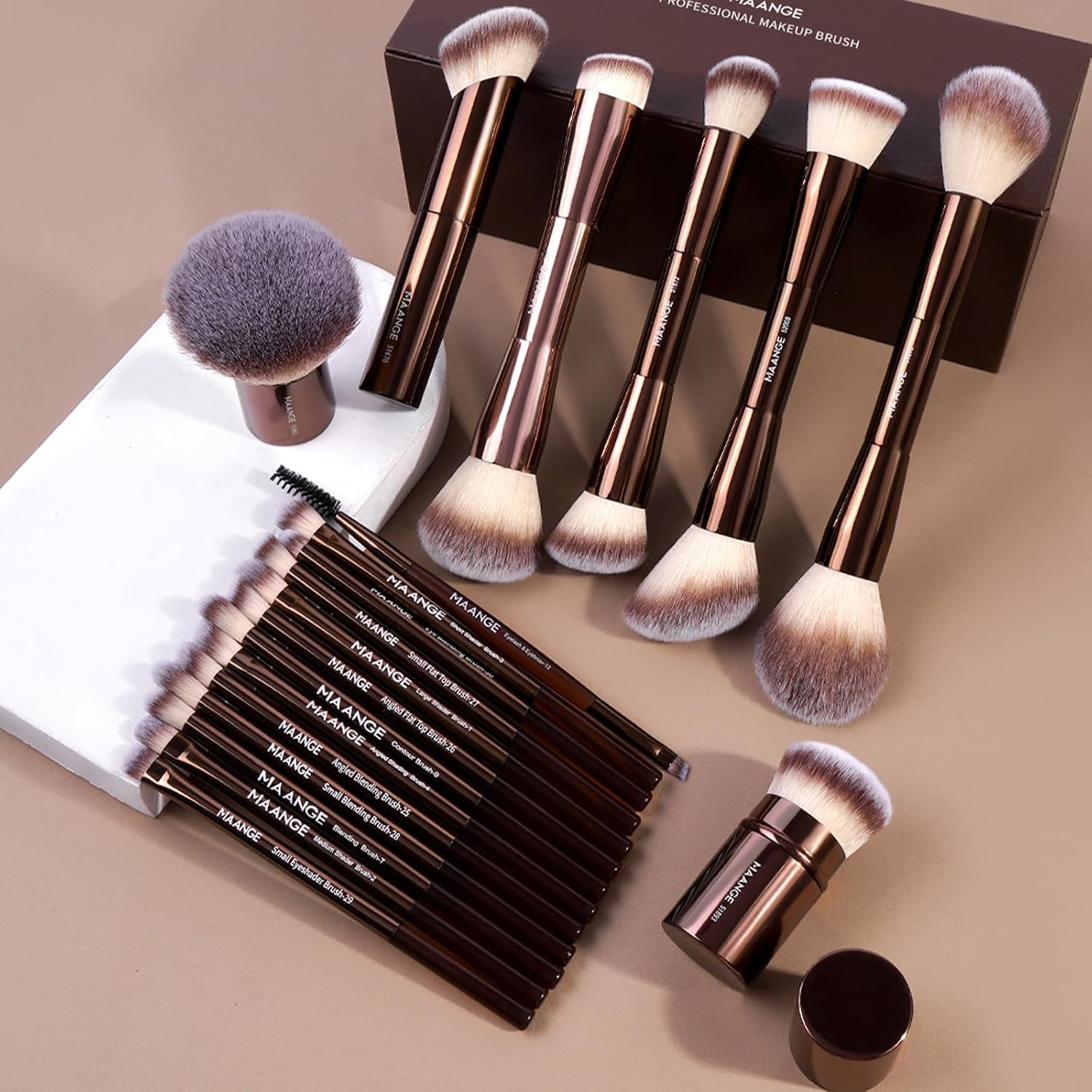 MAANGE 20 Pcs Makeup Brushes with Gift Box, Double-End Multi-functional Makeup Brushes for Blending Liquid Powder Concealer Cream Blush Buffe,CoffeeBrown - Image 8