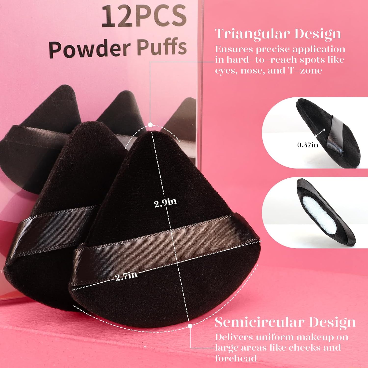 BEAKEY Powder Puff, 12pcs Face Triangle Powder Puffs for Loose & Foundation | Black Velvet Makeup Puff for Contouring & Baking, Ultra-soft Cloud Kiss Makeup Tools for Setting, Reusable & Washable - Image 3