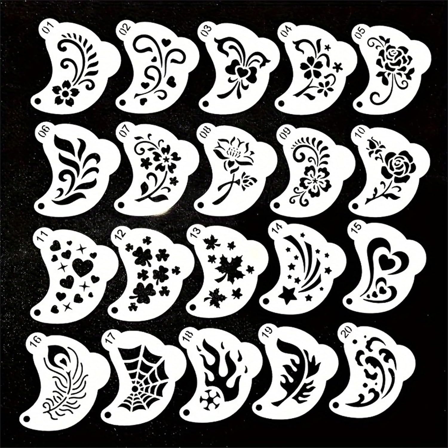 20 Reusable Body Paint Stencils for Party & Festival Makeup - Washable Face & Body Art Templates with Snap Closure Storage Pouch, Safe PET Plastic for Halloween, Birthdays (1-20) - Image 3