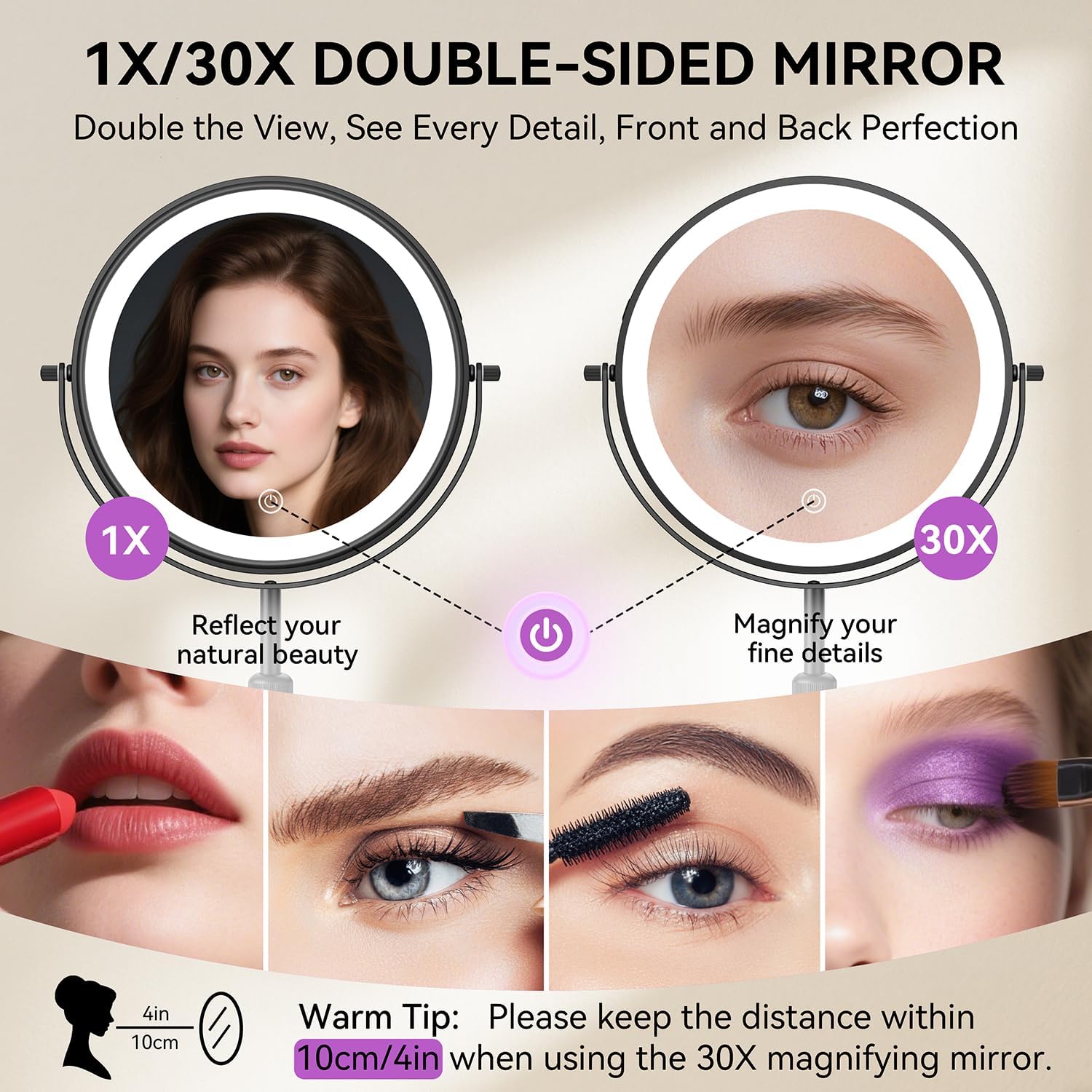 Auxmir 9" 1X/30X Lighted Makeup Mirror, Rechargeable Maginfying Mirror | 3 dimmable colors, 14.9-18.5 in adjustable height, 3000mAh, 360°rotation, stable storage base, 30X magnification, Black - Image 2