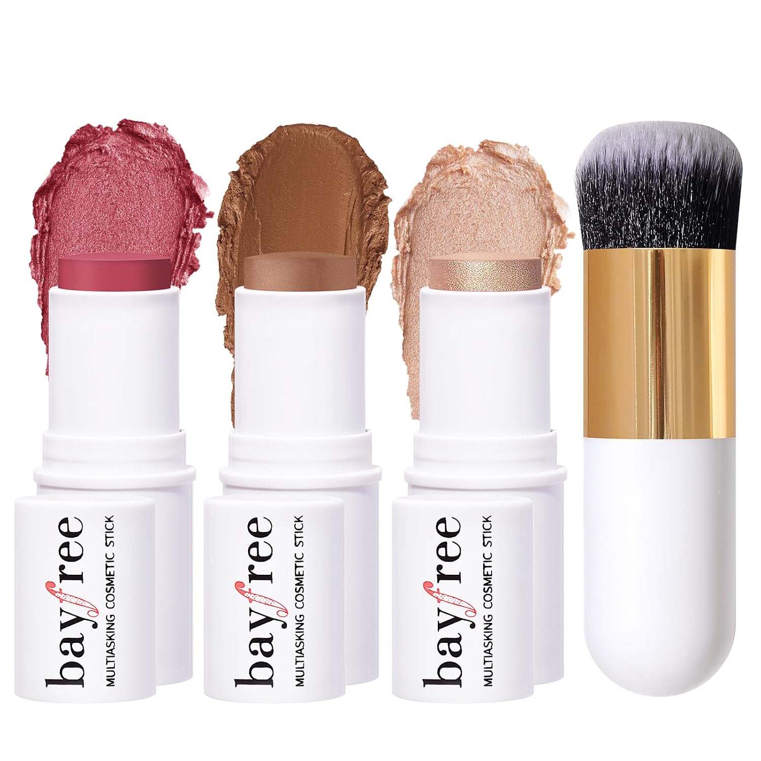 KIMUSE Face Sticks Trio, Blush, Highlighter & Contour Stick for Face Makeup | Long Lasting Sculpting Makeup for Cheeks, Blendable Cream Contour, Blush & Glow Highlighter Sticks, 3Pcs, with Brush