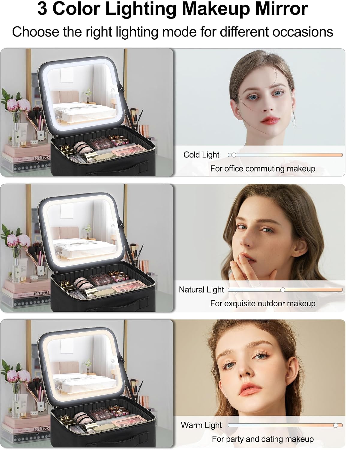 Chomeiu Makeup Bag with LED Mirror, Cosmetic Travel Bag for Women, Black | Detachable Light Up Mirror, Adjustable Dividers, Removable Brush Compartment, PU Leather, Easy-to-clean Lining, Double Zipper - Image 6