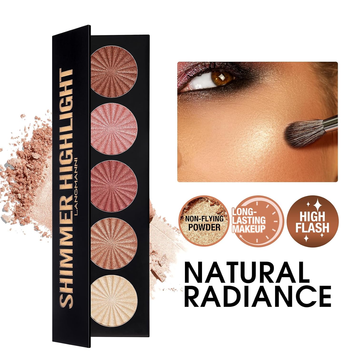 LANGMANNI 5 Color Face Highlighter Powder Palette, Illuminator Makeup | Silky shimmer powder for cheekbones, eyelids, brow bones and lips; waterproof, smudge-resistant, long-lasting, giftable - Image 2