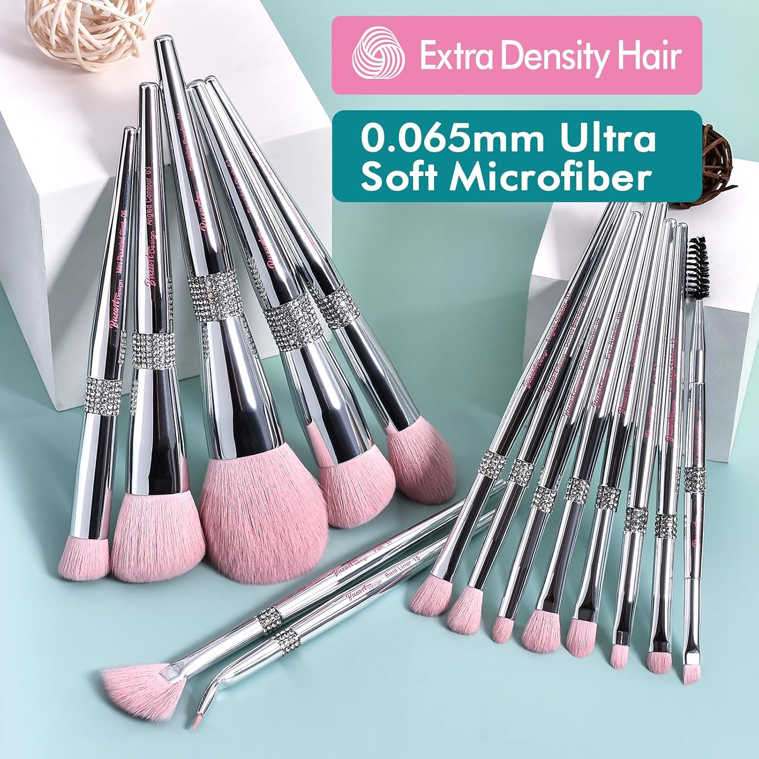 Bueart Design 15Pcs Labeled Makeup Brushes Set with Elegant Pink Holder | Ultra-soft make up brush set for Foundation,Powder,Blush,Blending,Contour,Eyeshadow(15Pcs Silver Pink,Diamond) - Image 3