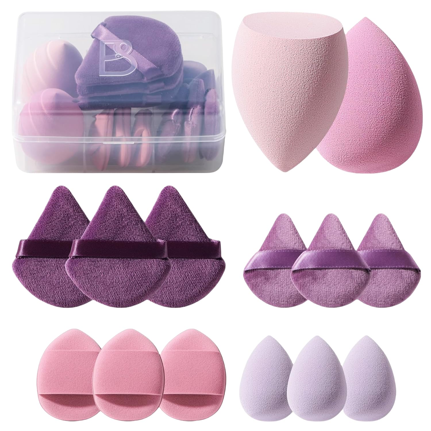 Makeup Sponge Set BS-MALL Triangle Puff 14PCS Non-Latex Beauty Blender Sponges with Travel Case, Soft Makeup Puff for Foundation, Concealer, Cream & Powder, Face & Eye Blending for Sensitive Skin