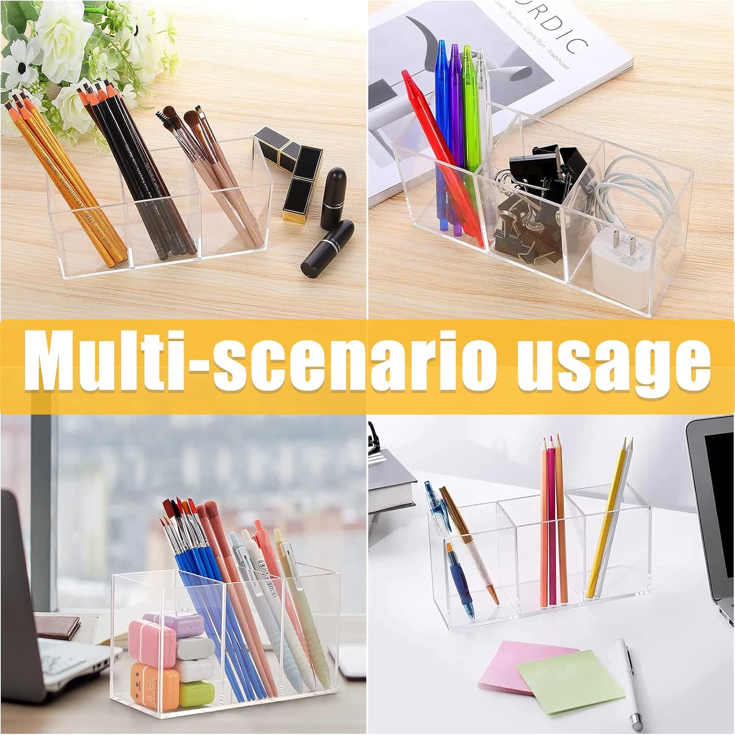 Cerpourt Clear Makeup Brush Organizer,Acrylic Cosmetic Brushes Storage Holder with 3 Slots,Pencil Pen Holder for Desk,Desk Organizer and Accessories for Vanity - Image 7
