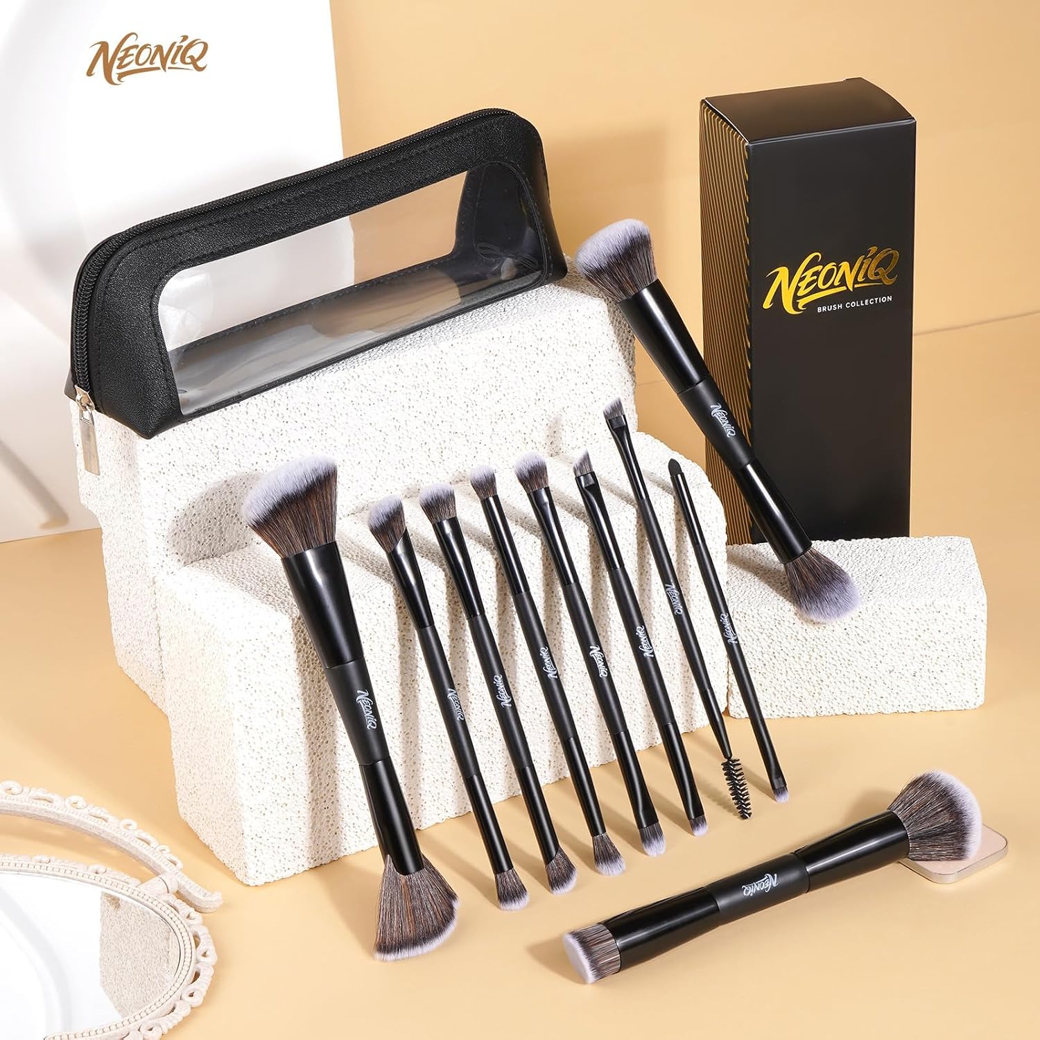 10 PCS Travel Makeup Brush Set With Bag, Makeup Brushes, Double-End Multi-functional Brushes for Foundation Powder Blush Eyeliner Eyeshadows, Professional Face Brush Set(Black) - Image 2
