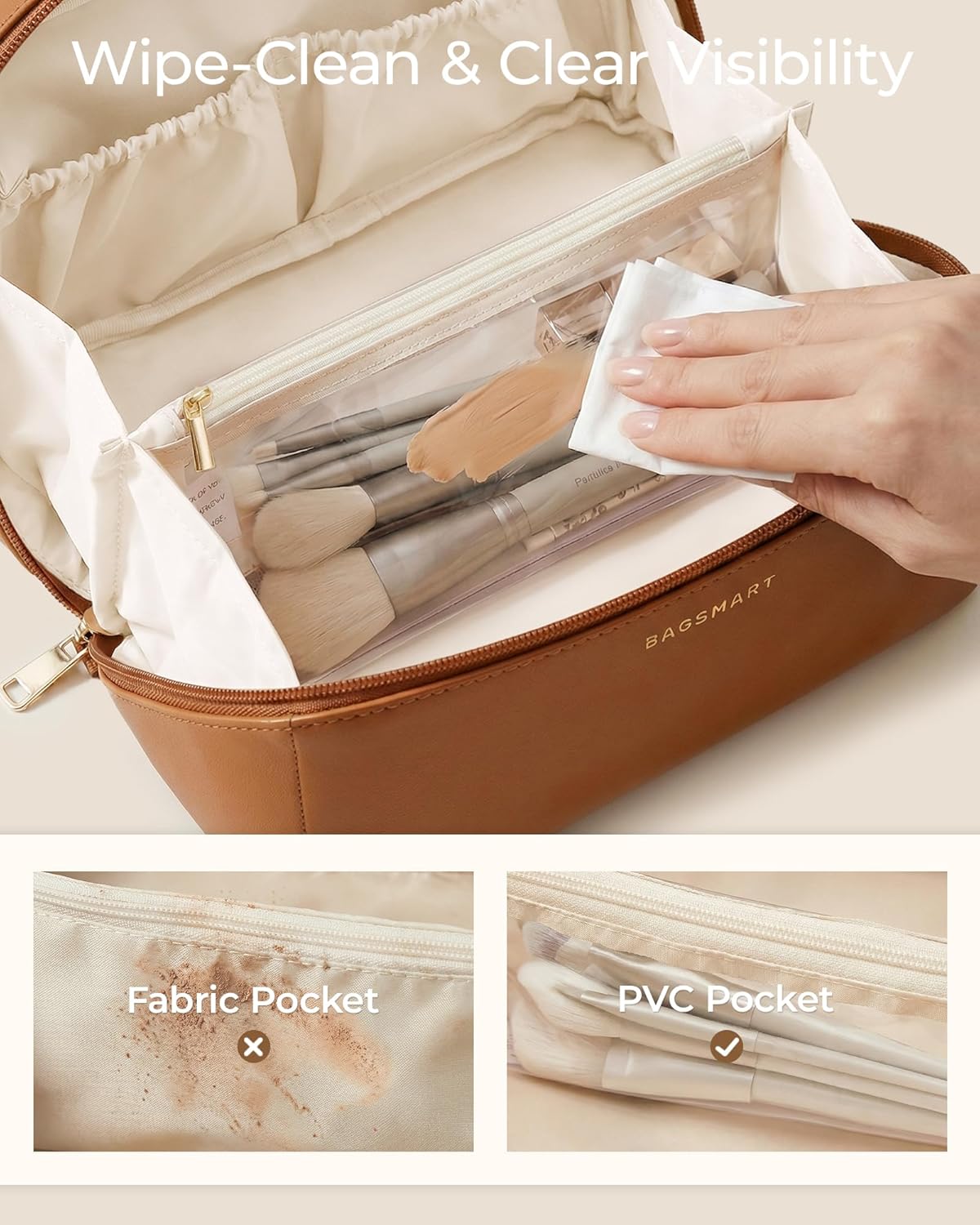 BAGSMART Makeup Bag Travel Cosmetic Bag,Women Toiletry Case, Classic Brown | Make Up Bag Flat Open Toiletry Bag for Women, PU Leather Travel Essentials Wide-open Skincare,Brushes Organizer Case Large - Image 3