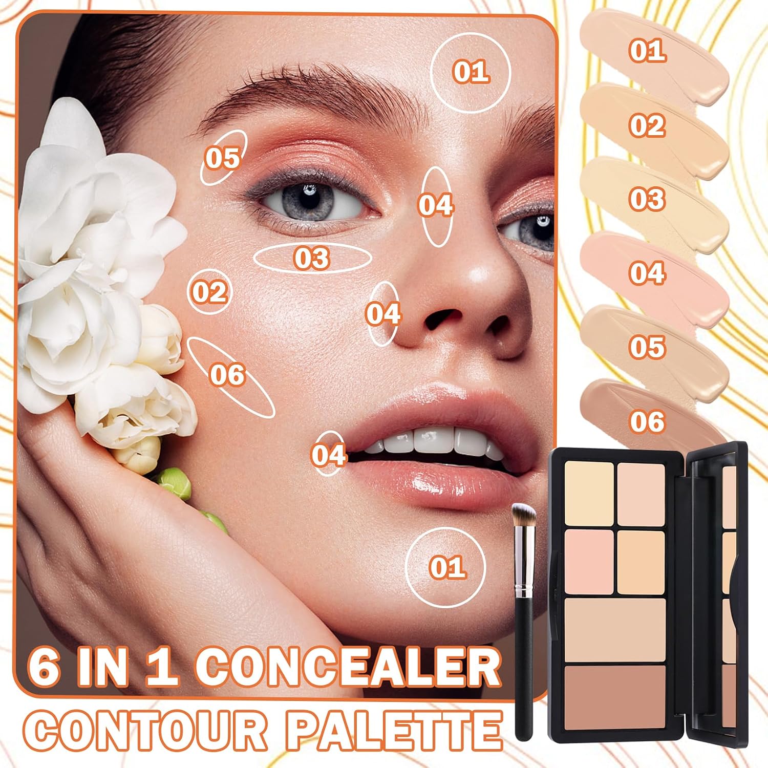 6 Colors Correcting Concealer Palette,Contouring Highlighting Concealer Palette Makeup Kit with Brush,Foundation Makeup Cream Contour Palette for Conceals Dark Circles,Blemish(02#) - Image 2