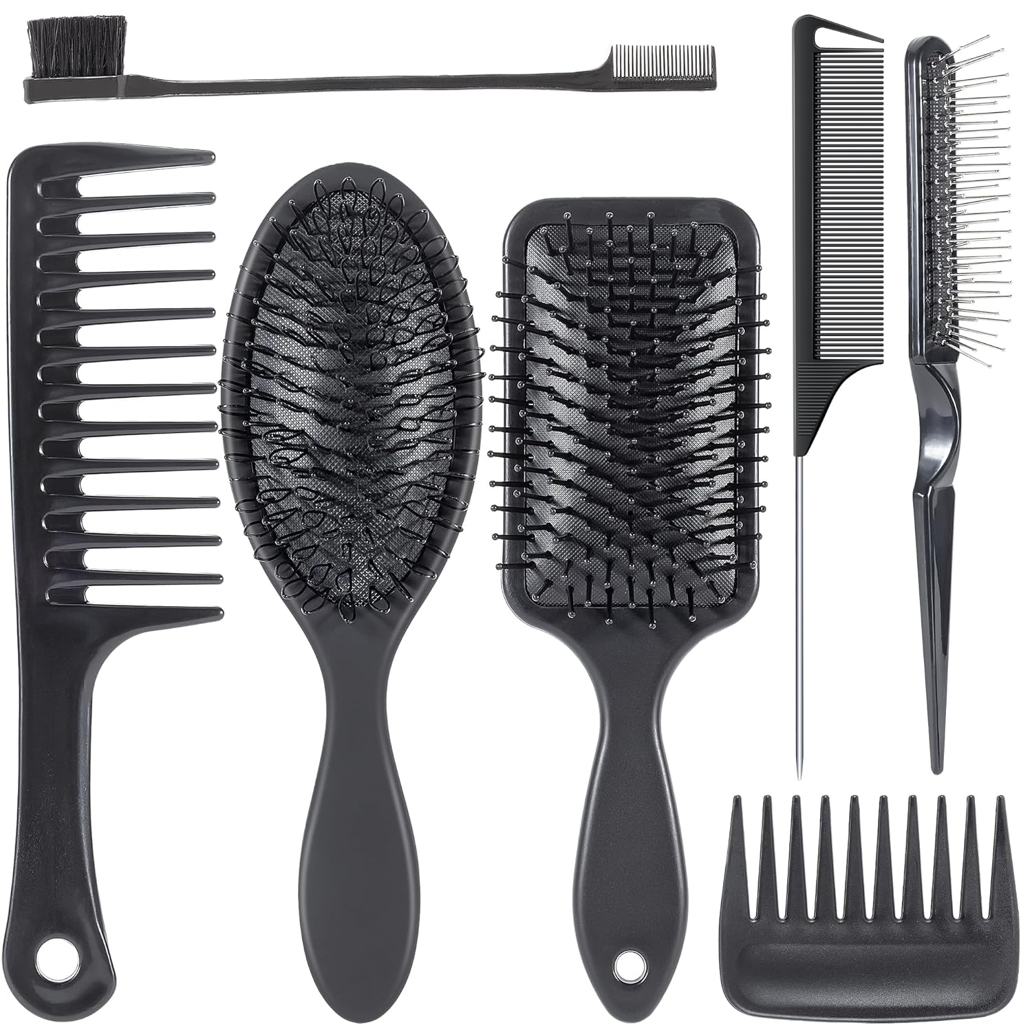 SIMPOR 7 Pcs Wig Brush Set for Synthetic Hair for Hair Extensions and Wigs | SIMPOR Black Loop Brush, Wig Comb Kit, Includes Rat Tail Comb, Edge Brush, Paddle Detangler for Human Hair Wig Weaves Styling