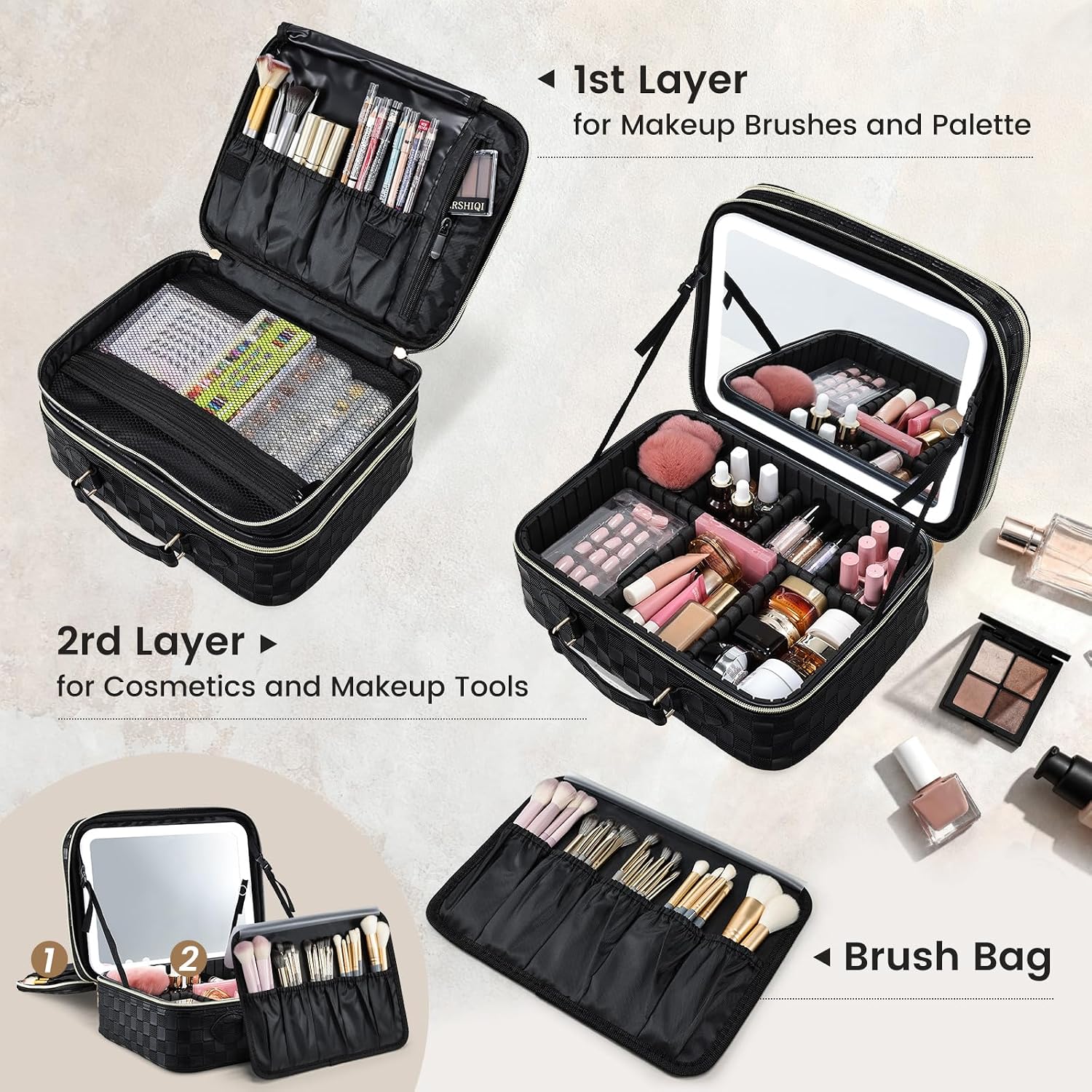 Makeup Bag with LED Lighted Mirror 12.2 IN Cosmetic Train Case Double Layer Makeup Case Adjustable Brightness in 3 Colors Cosmetic Organizer Artist Storage with Brush Holder Vanity Black Checkerboard - Image 3