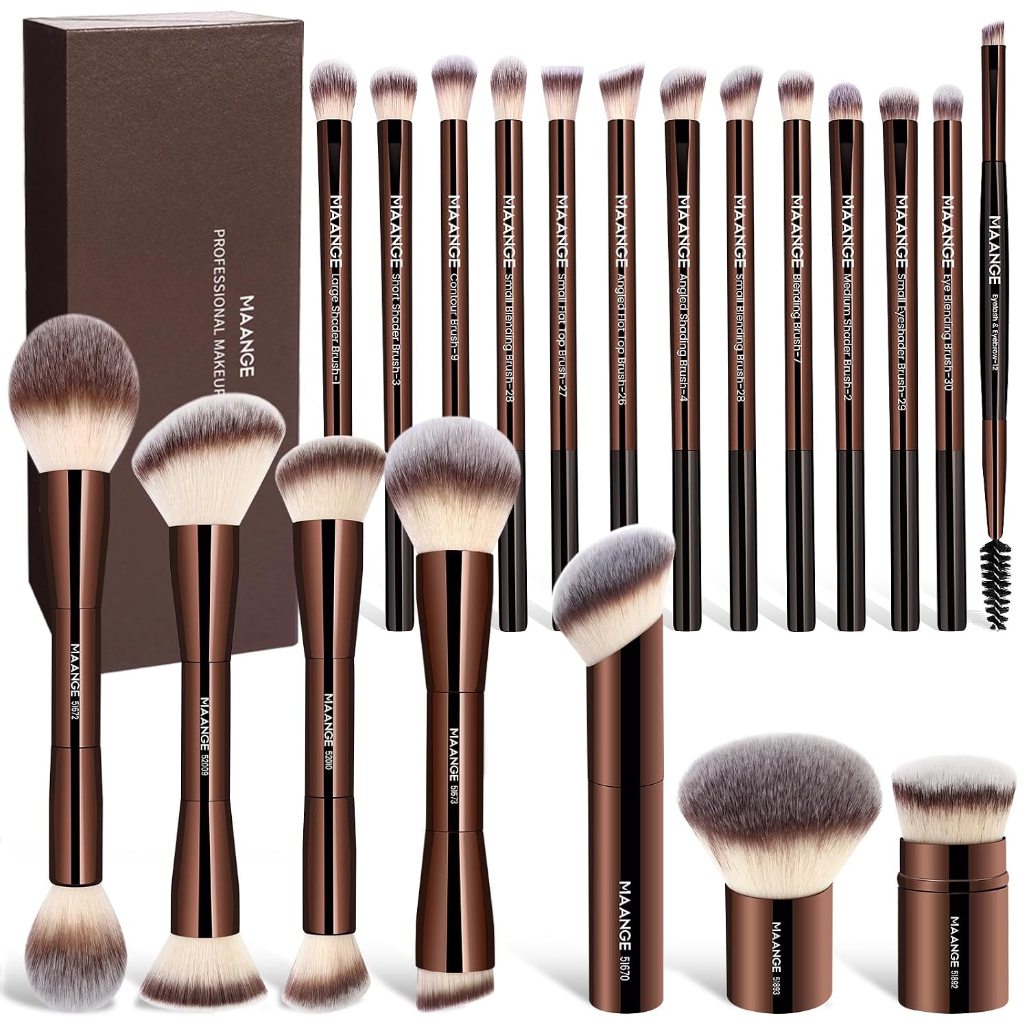 MAANGE 20 Pcs Makeup Brushes with Gift Box, Double-End Multi-functional Makeup Brushes for Blending Liquid Powder Concealer Cream Blush Buffe,CoffeeBrown