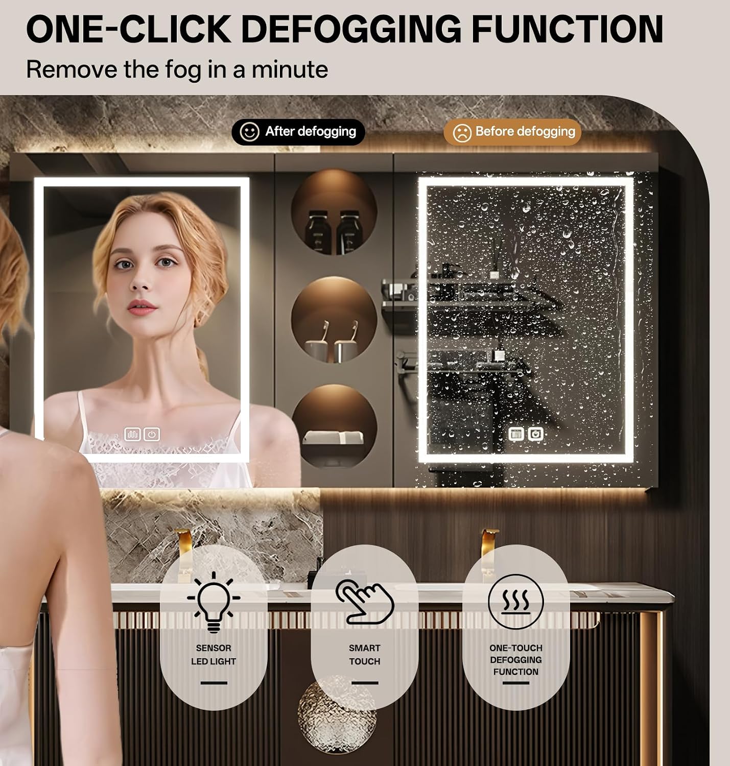 Bathroom Vanity with Dual Sinks, Floating Vanities Set Includes Smart Defog Mirror Cabinet, Luxurious Stone Countertop and Striped Sink Cabinet, Modern Vanity with Sensor Light for Bath (Black,56") - Image 7