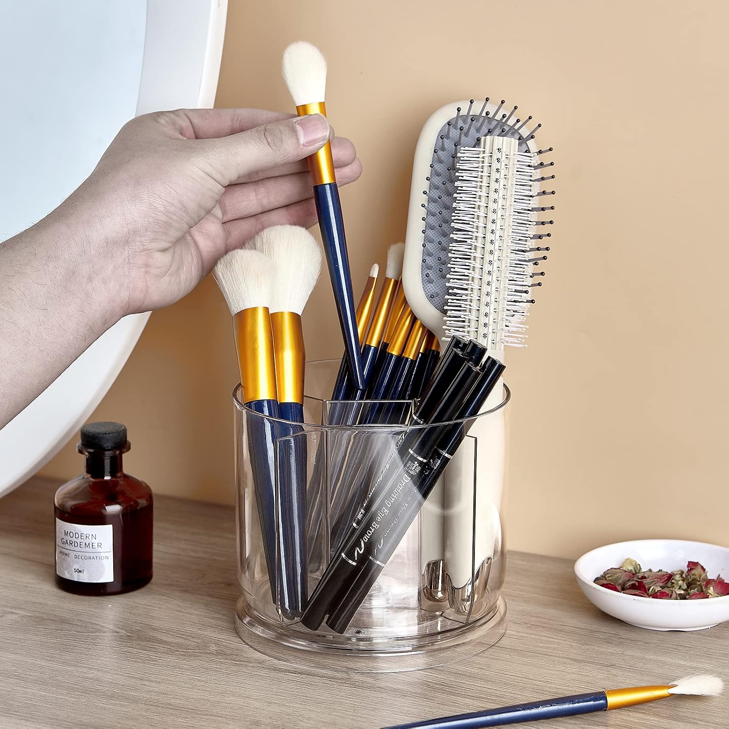 Makeup Brush Holder Organizer, Rotating Makeup Organizer for Vanity | Rotating 360° Clear Storage Cup Containers, Spinning Pen Holder for Desk, Round Make up Brush Stand with 5 Slots (Clear) - Image 5