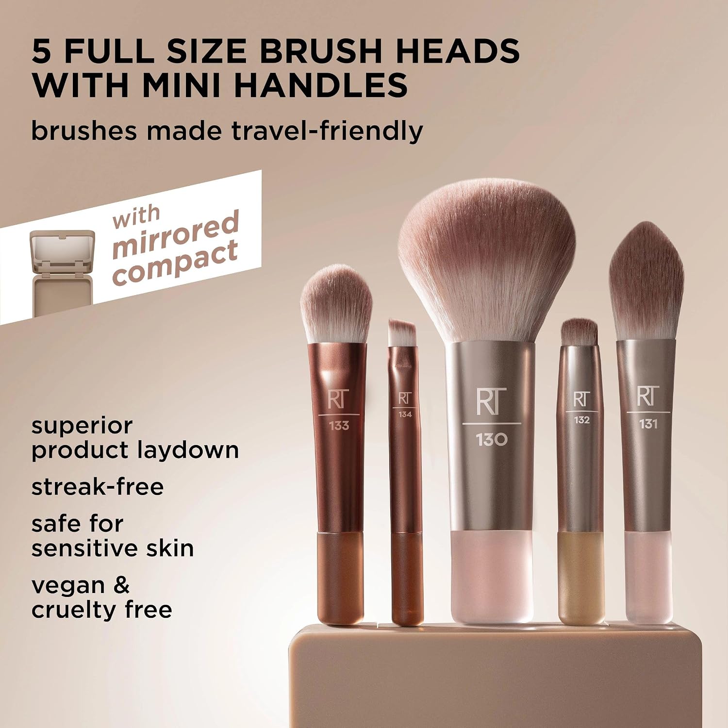 Real Techniques New Nudes On the Glow Mini Brush Kit, Compact Mirror | Easy touch-ups anywhere with a mini makeup brush set with compact mirror, travel makeup brushes and liquid cream powder - Image 3