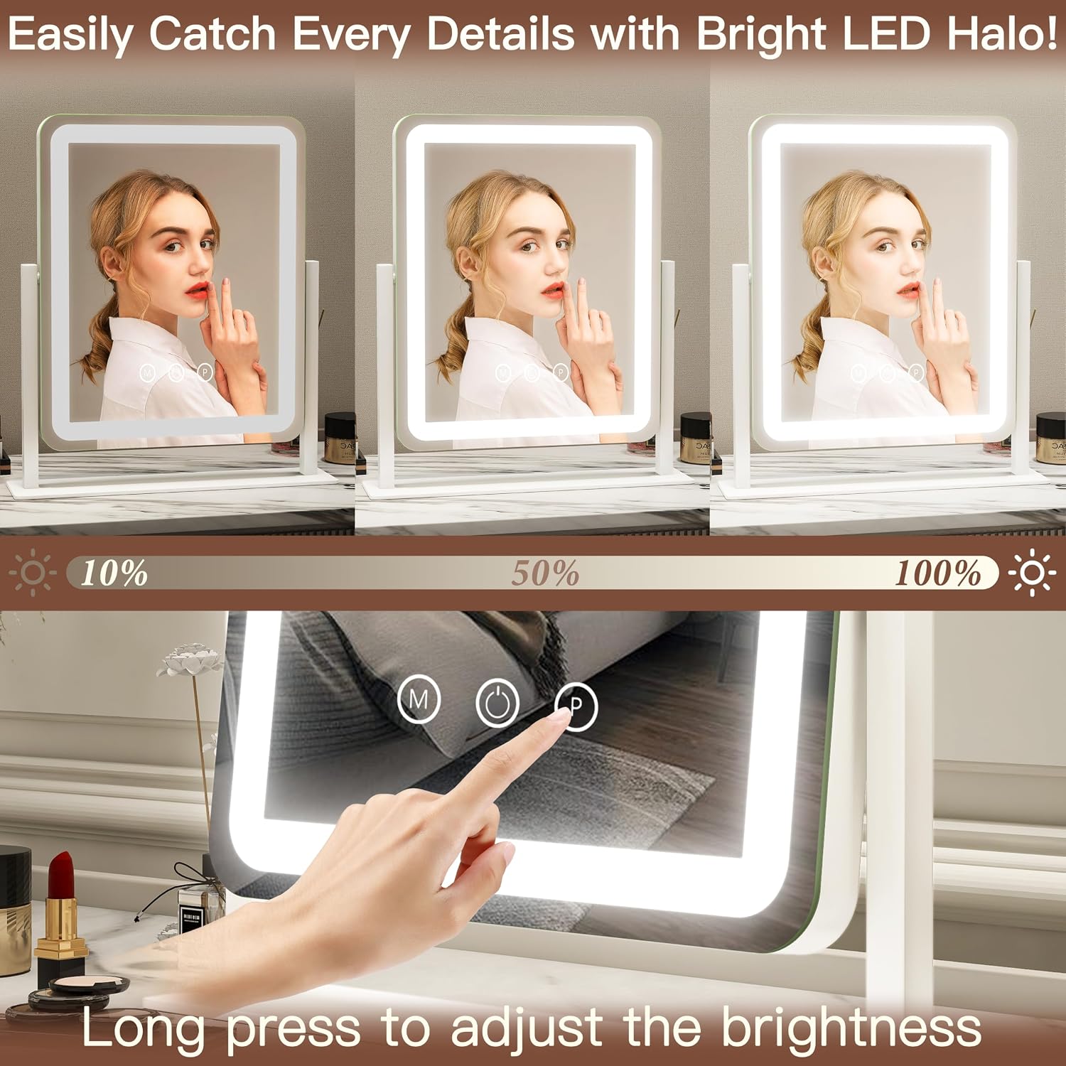 FENNIO Vanity Mirror with Lights - 15"x12.6" LED Lighted Makeup Mirror, Large Makeup Mirror with Lights, Touch Screen with 3-Color Lighting, Dimmable, for Vanity Desk Tabletop, Bedroom - Image 2