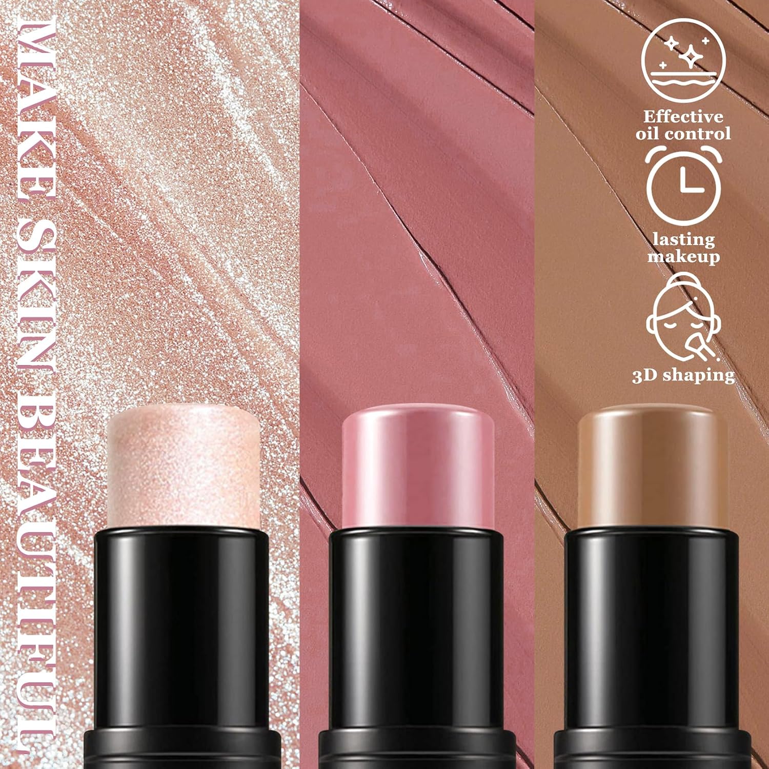 3Pcs Cream Contour Stick Makeup Kit with Makeup Brush,Shades with Highlighter,Brush Stick,Cream Bronzer for Sculpt the Cheeks,Long-lasting Waterproof Lightweight Contour Set - Image 4