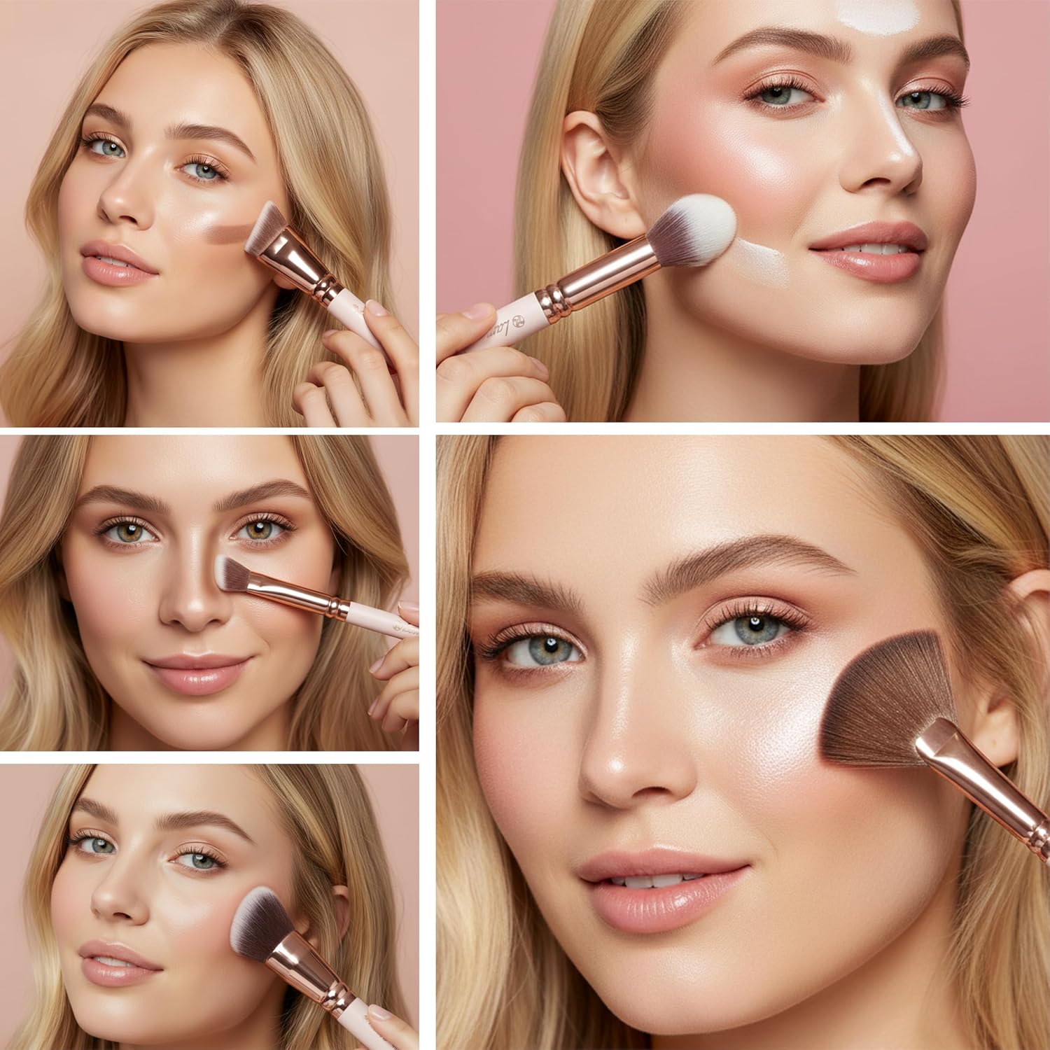 Lamora Pro Face Contour Brush Set - Contouring Sculpting & Highlighting Kit | Cream Blush Highlighter Powder Flat Nose Cheek Round Small Angled Fan Tapered Precision Kabuki Foundation Makeup Brushes - Image 6