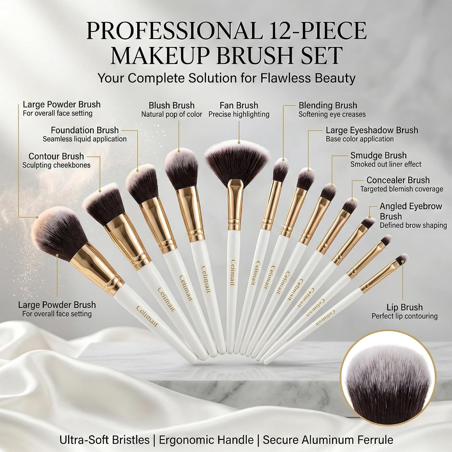 Makeup Brushes Set Professional & Beginner Friendly with Uniquely Designed Case, Soft Synthetic Bristles for Foundation Contour Blush Concealer Highlight Blending Eyeshadow, 12Pcs (Milky White) - Image 6
