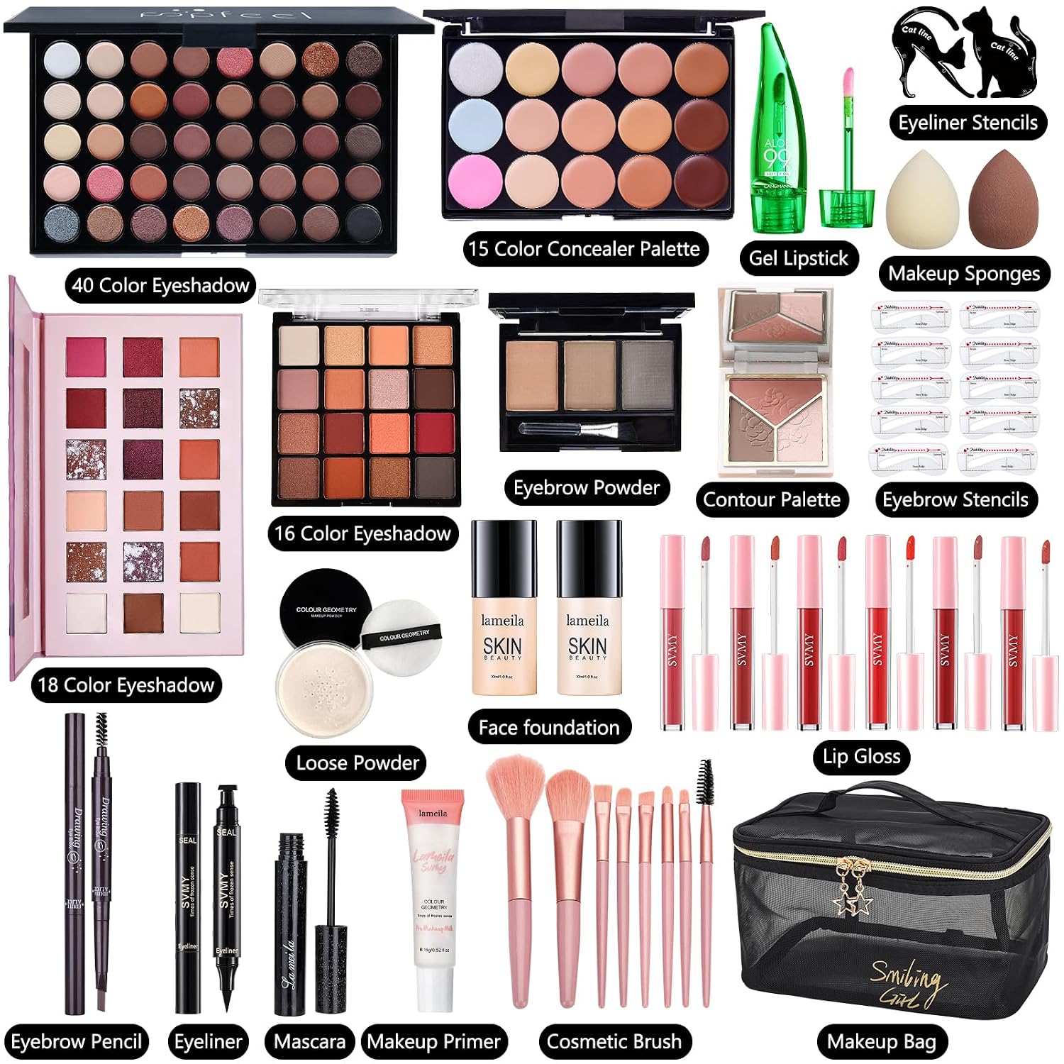 All in One Makeup Kit for Women Full Kit, Make Up Gift Set for Women | Makeup Essential Bundle Include Foundation Face Primer Eyeshadow Contour Palette Lipstick Eyeliner Mascara Cosmetic Brush Set - Image 2