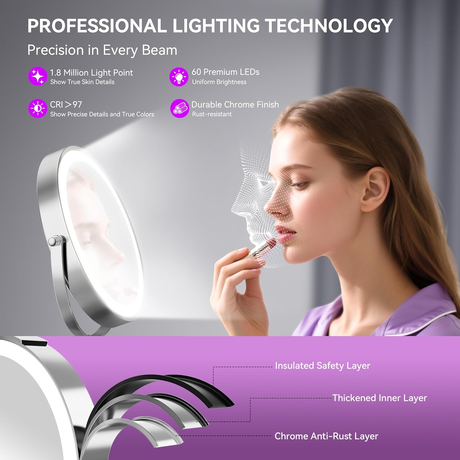 Auxmir 9" 1X/30X Lighted Makeup Mirror, Rechargeable Maginfying Mirror | 3 dimmable colors, 14.9-18.5 in adjustable height, 3000mAh, 360°rotation, stable storage base, 30X magnification, Chrome - Image 8
