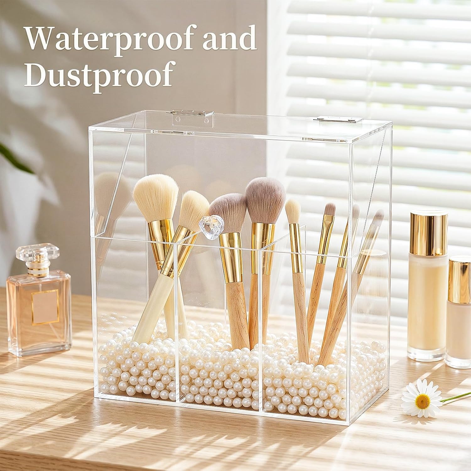 Okllen Makeup Brush Holder with Dustproof Lid, White Pearls, Acrylic Clear Makeup Brush Organizer with 3 Compartment, Large Cosmetic Brush Storage Box Case for Vanity, Bathroom, Bedroom - Image 6