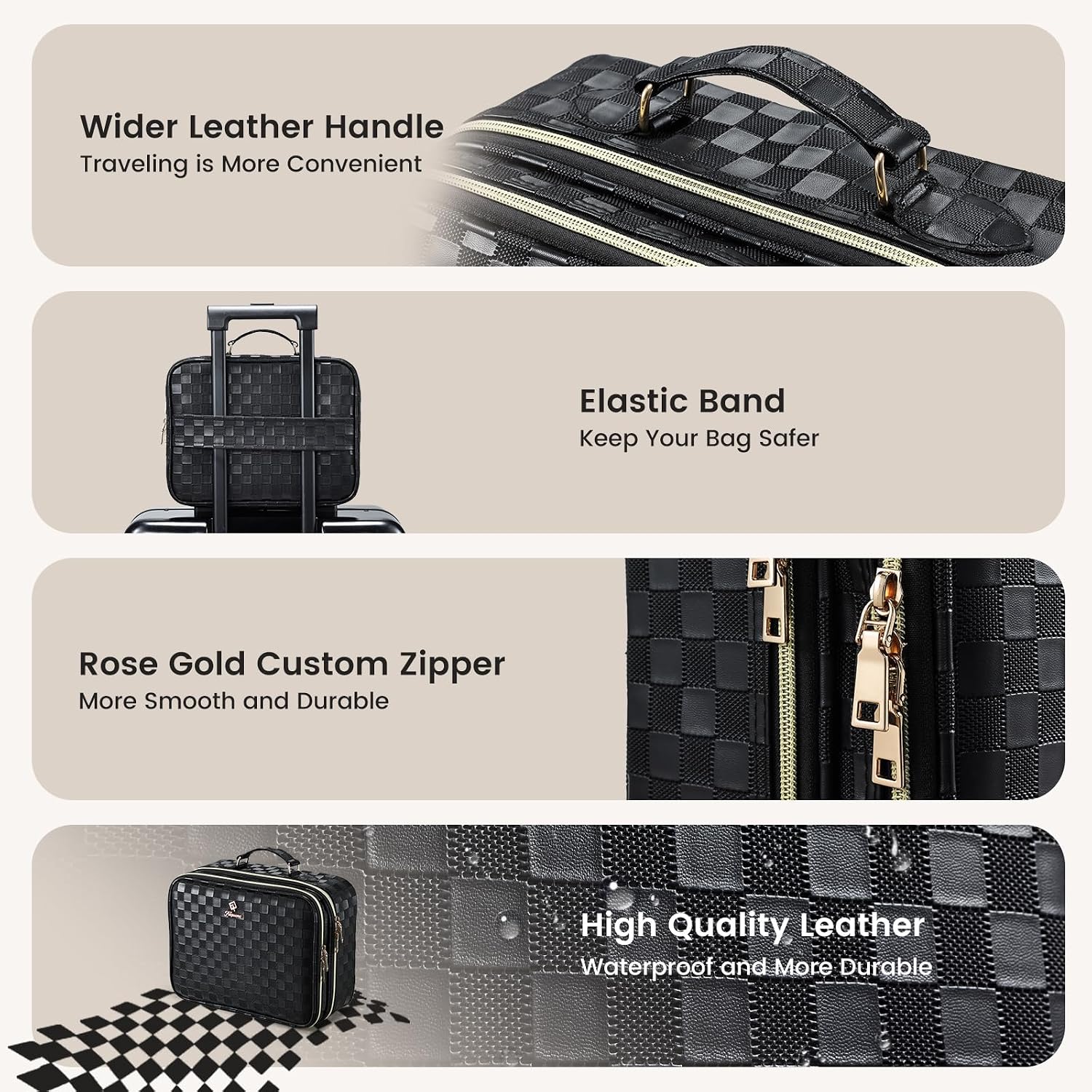 Makeup Bag with LED Lighted Mirror 12.2 IN Cosmetic Train Case Double Layer Makeup Case Adjustable Brightness in 3 Colors Cosmetic Organizer Artist Storage with Brush Holder Vanity Black Checkerboard - Image 7