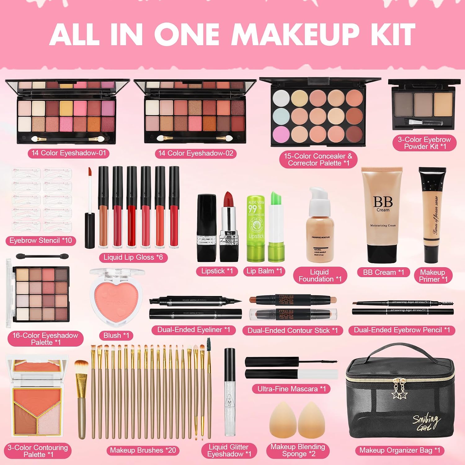 Makeup Kit for Teens & Girls, Makeup Gift Set for Beginners Teenager, Makeup Essential Bundle Includes Foundation Eyeshadow Contour Palette Lipstick Eyeliner Mascara Cosmetic Brush Set - Image 2