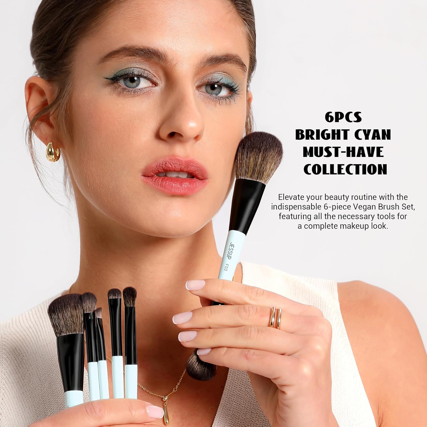 Jessup Makeup Brush Set 6pcs Double Sided Makeup Brushes Foundation Contour Blush Highlight Blending Eyebrow Brush Eyeshadow Brush, Vegan Fiber Make up Brush Bright Cyan T501 - Image 3