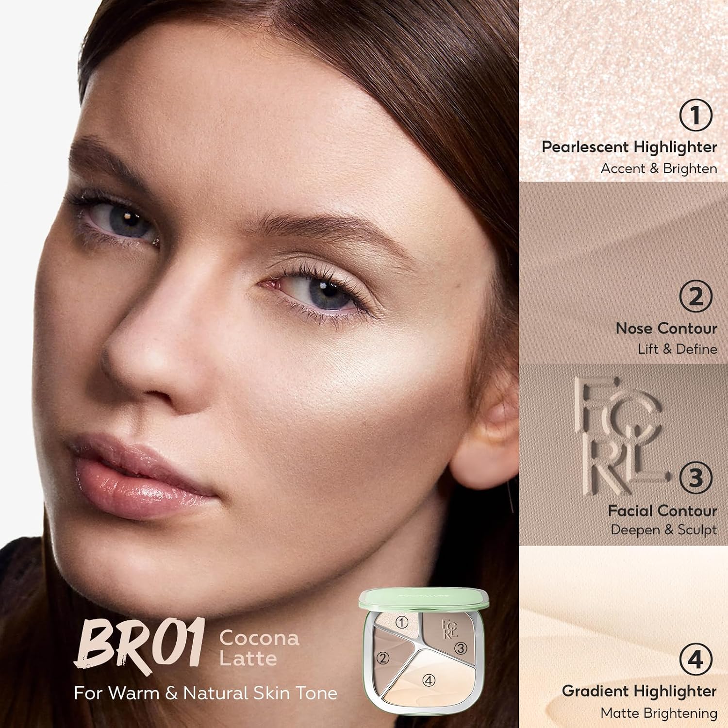 FOCALLURE Highlighter and Contour Palette, All-in-one Face Contour Powder with Gradient Highlighter & Matte Shade, Natural Blendable Long Lasting 3D Radiant Makeup for Warm Skin Tone, Cocona Latte - Image 2