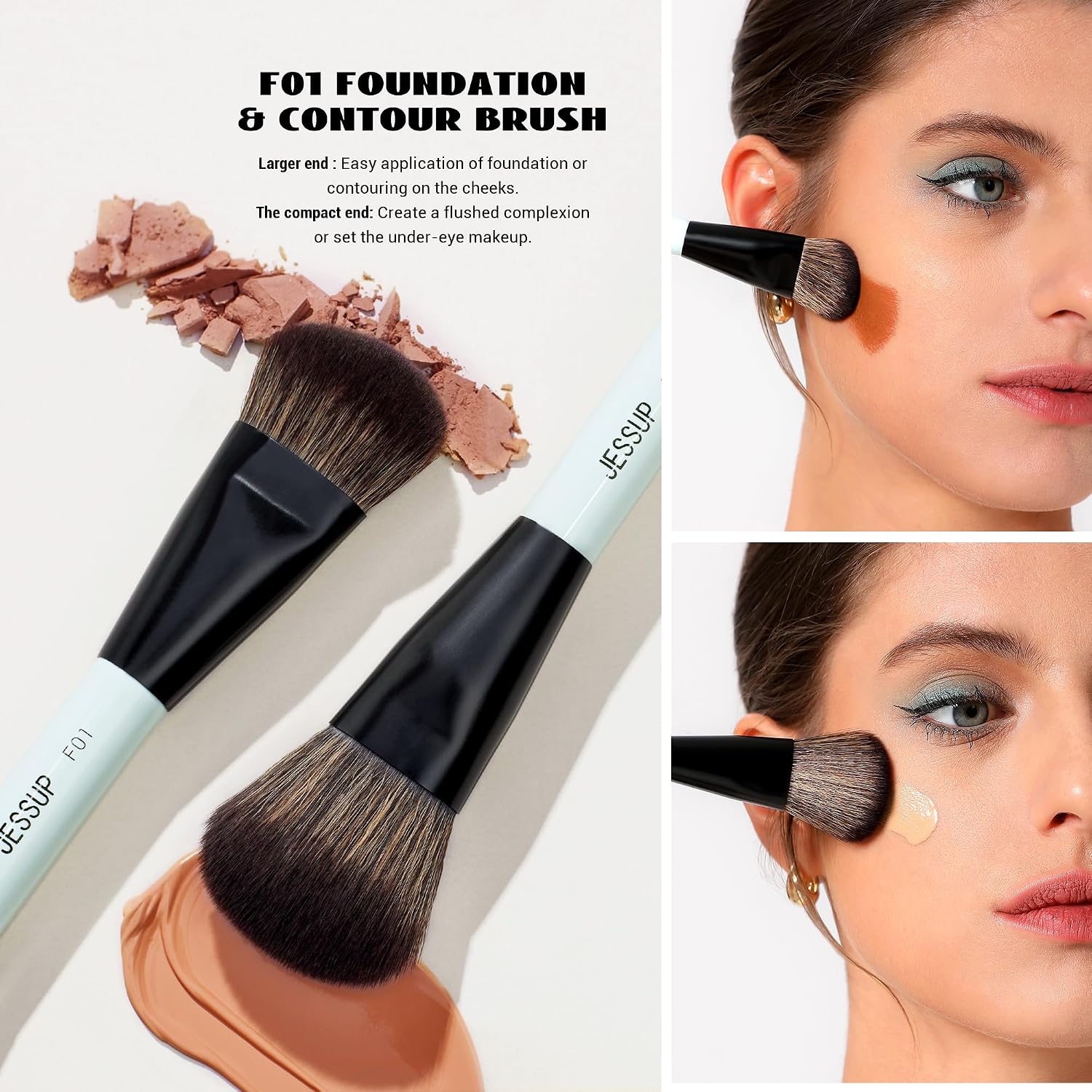Jessup Face Makeup Brushes Blue 3pcs Double Ended Makeup Brush for Foundation Contour Blush Highlight and Concealer Brush, Premium Synthetic Brush Set T503 - Image 3
