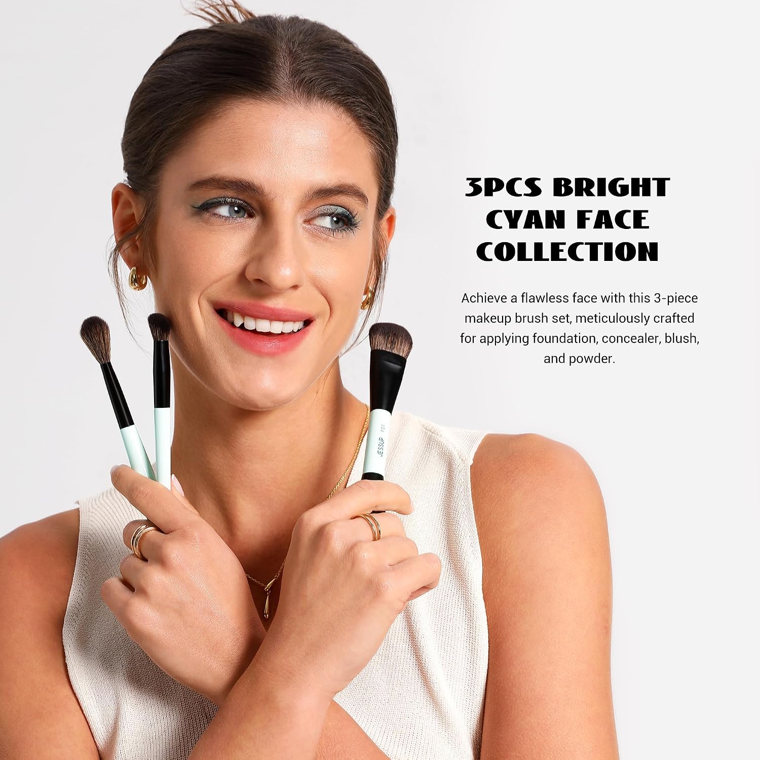 Jessup Face Makeup Brushes Blue 3pcs Double Ended Makeup Brush for Foundation Contour Blush Highlight and Concealer Brush, Premium Synthetic Brush Set T503 - Image 2