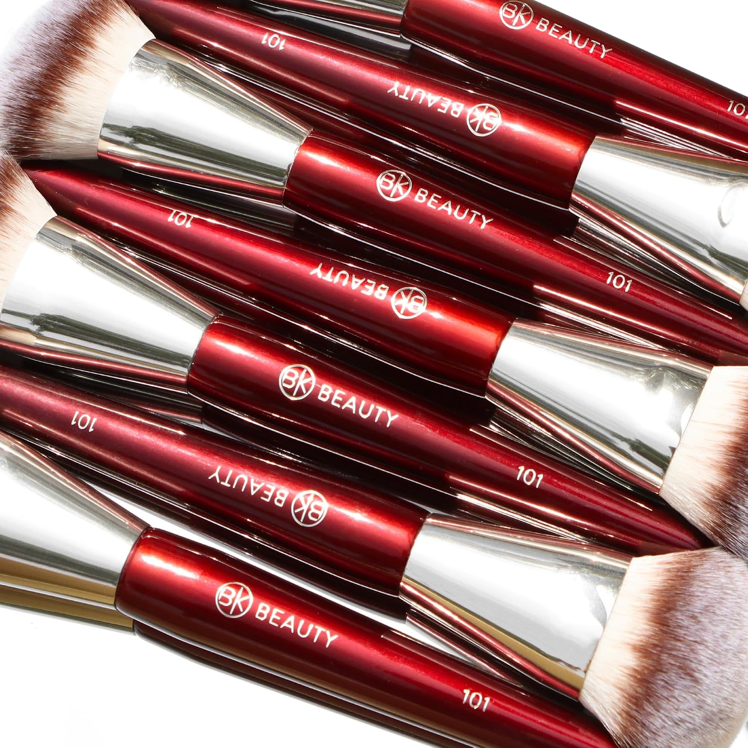 BK BEAUTY 101 Contoured Foundation Brush for Liquid & Cream Makeup | Vegan, cruelty-free synthetic fiber bristles with wood handle and aluminum ferrule. Color: Burgundy. - Image 7