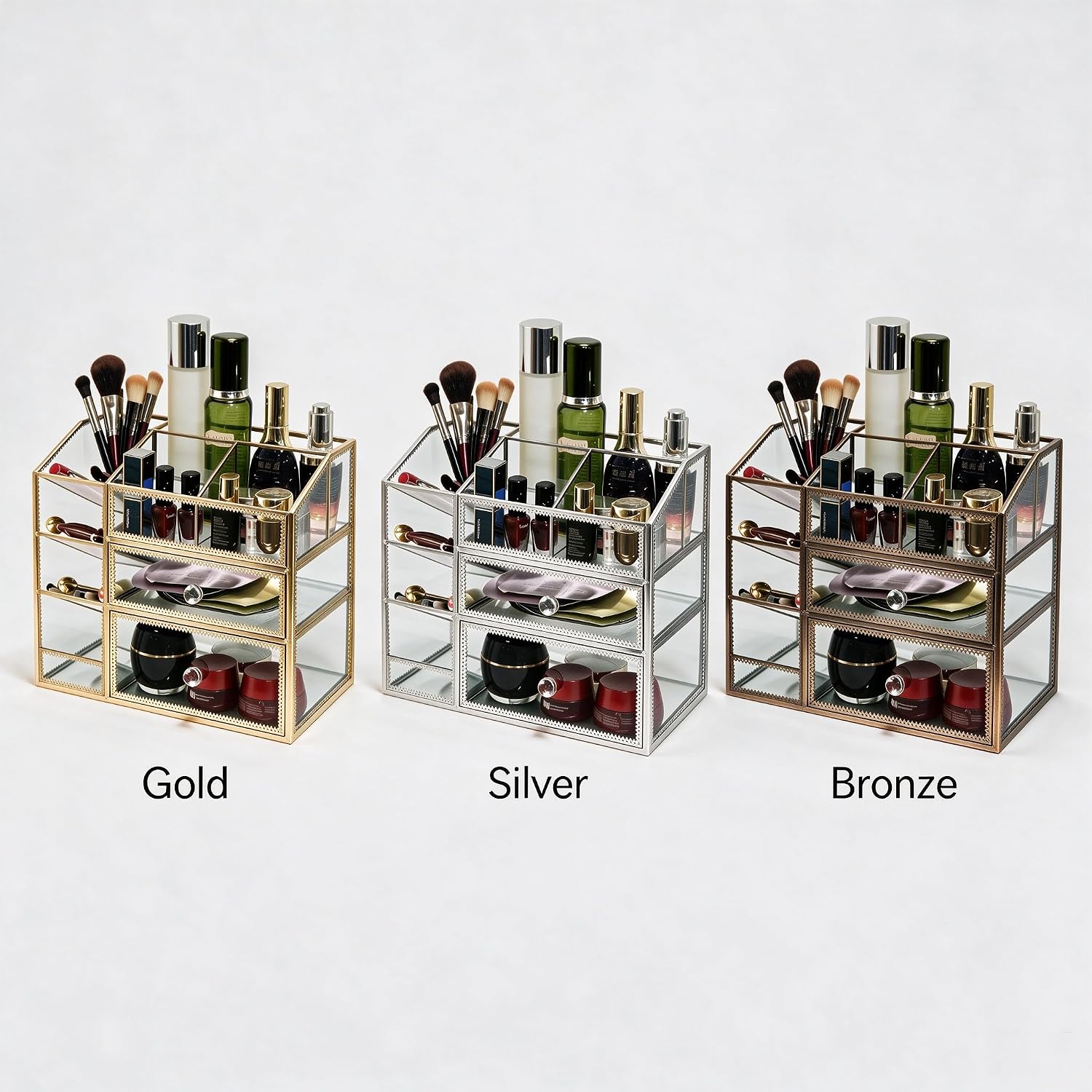 Glass Makeup Organizer with Drawers, Silver Mirror Glass Vanity Cosmetic Storage Case, 3-Tier Luxury Dressing Table Organizer for Skincare, Perfume, Brushes & Lipsticks - Image 3