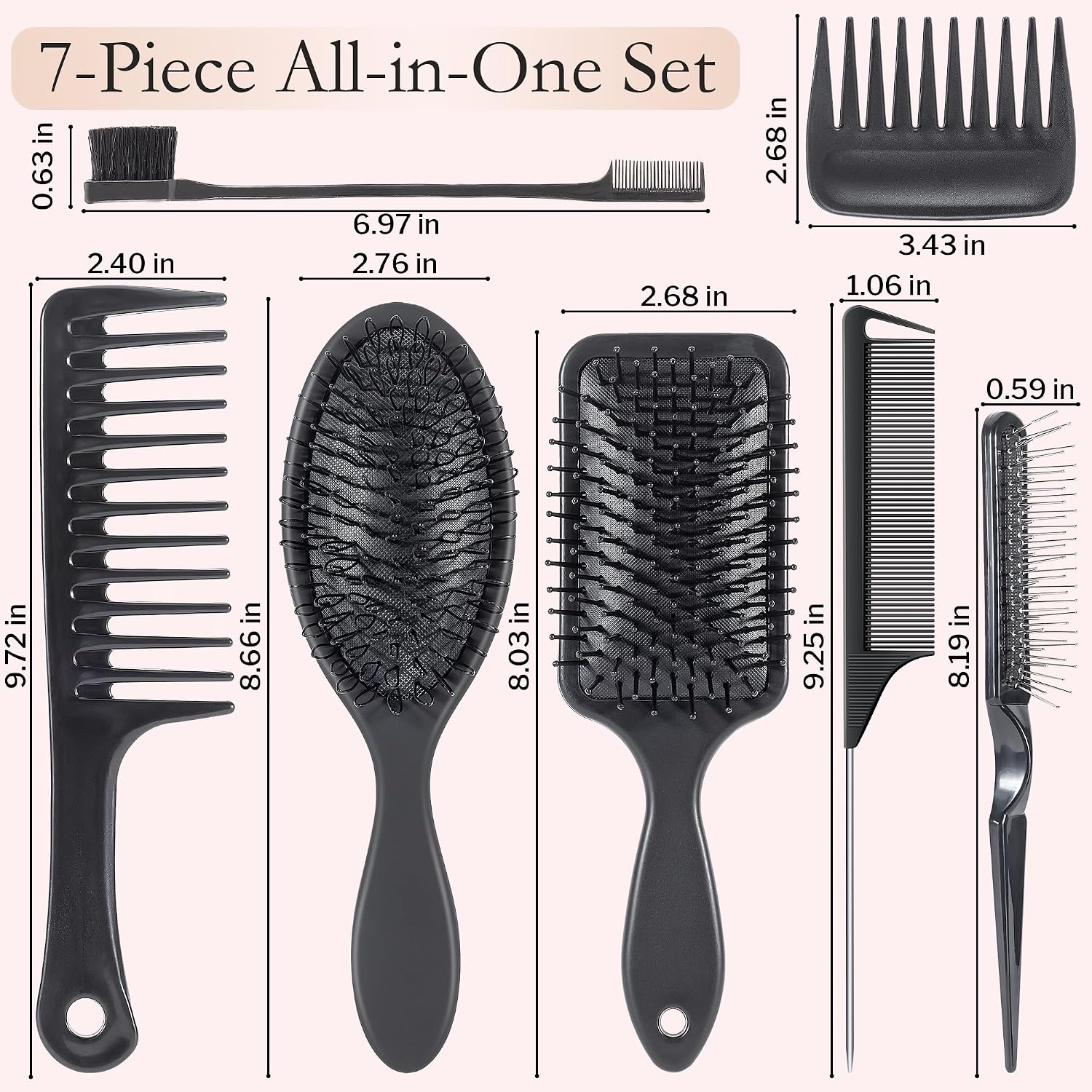 SIMPOR 7 Pcs Wig Brush Set for Synthetic Hair for Hair Extensions and Wigs | SIMPOR Black Loop Brush, Wig Comb Kit, Includes Rat Tail Comb, Edge Brush, Paddle Detangler for Human Hair Wig Weaves Styling - Image 2