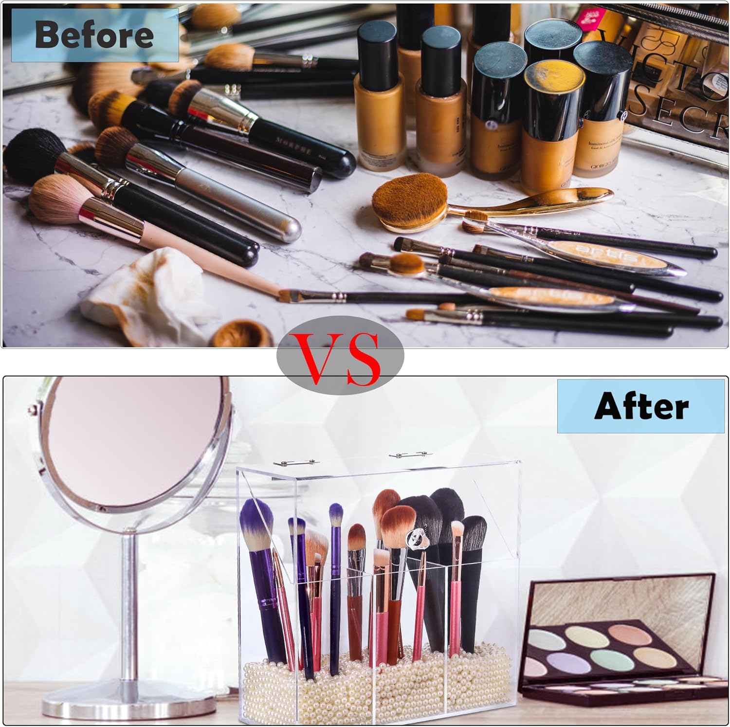 Acrylic Makeup Brush Holder with Lid - Clear Cosmetic Makeup Brush Organizer and Storage Box with Cover for Vanity - Large Capacity 3-Slots Container for Brushes (Clear) - Image 2
