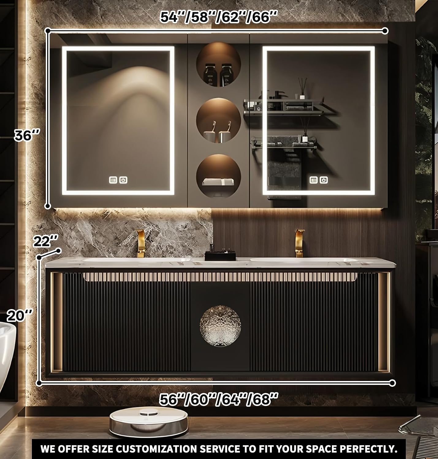 Bathroom Vanity with Dual Sinks, Floating Vanities Set Includes Smart Defog Mirror Cabinet, Luxurious Stone Countertop and Striped Sink Cabinet, Modern Vanity with Sensor Light for Bath (Black,56") - Image 2