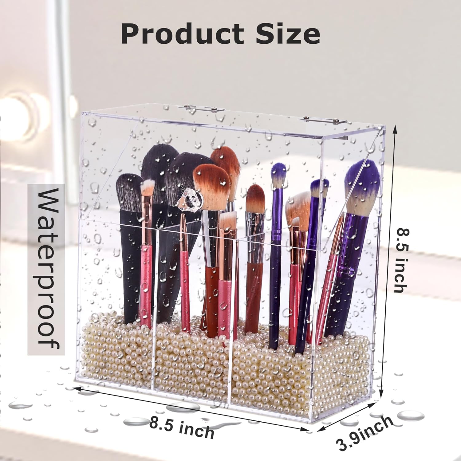 Acrylic Makeup Brush Holder with Lid - Clear Cosmetic Makeup Brush Organizer and Storage Box with Cover for Vanity - Large Capacity 3-Slots Container for Brushes (Clear) - Image 5