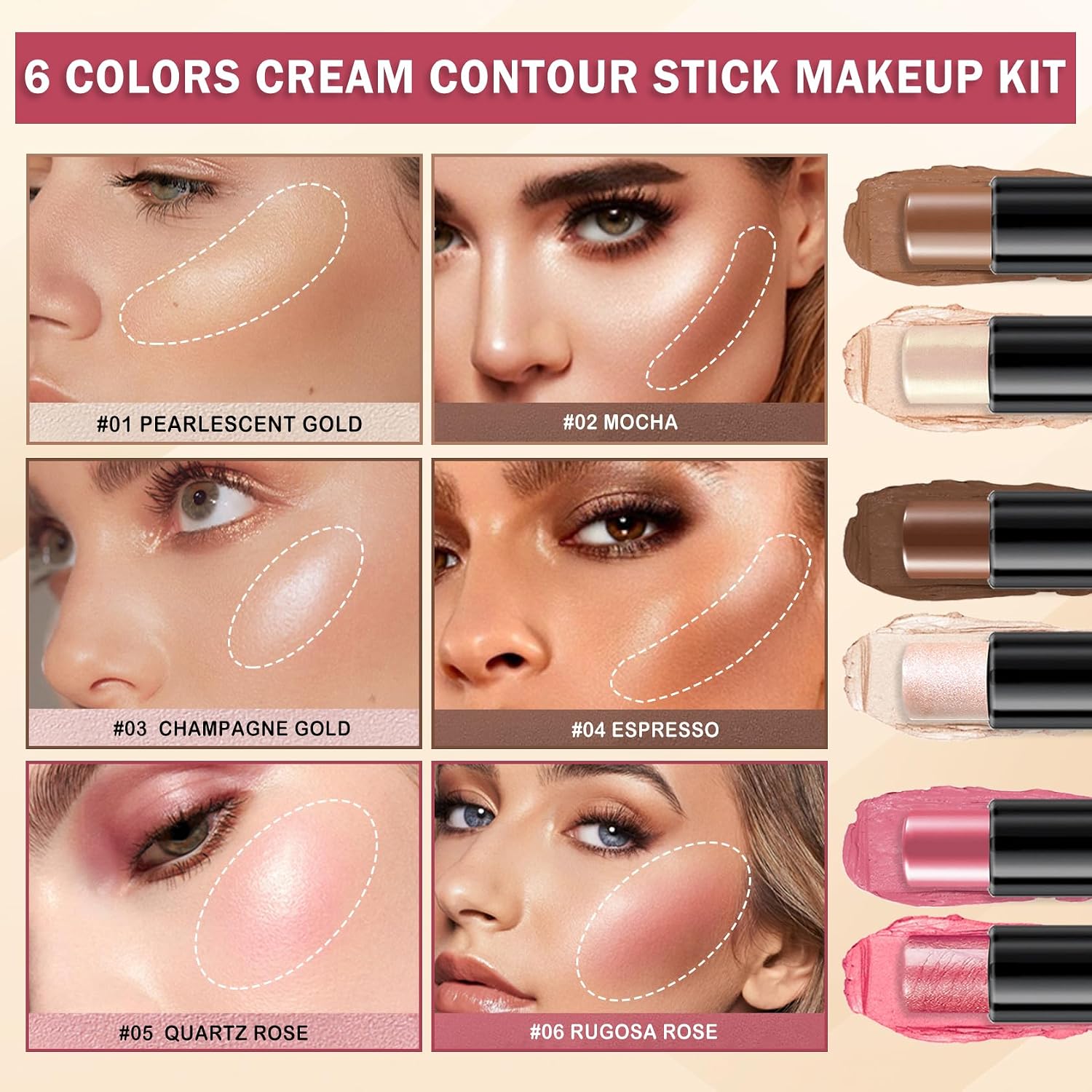 6 Colors Cream Contour Stick Makeup Contour Kit - Set A | Double-ended Design,Bronzer,Highlighter and Blush Stick,Lightweight,Long-lasting,Dewy Finishing,Easy to Sculpt for Beginners - Image 2