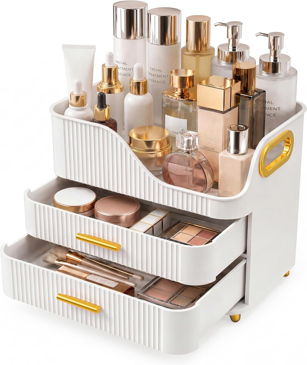 Booklov Large Makeup Organizer for Vanity, Bathroom Countertop, White | Plastic Cosmetic Display Case with Drawers, Beauty Brush Holder for Dresser Counter Skincare Eyeshadow Lipstick Storage
