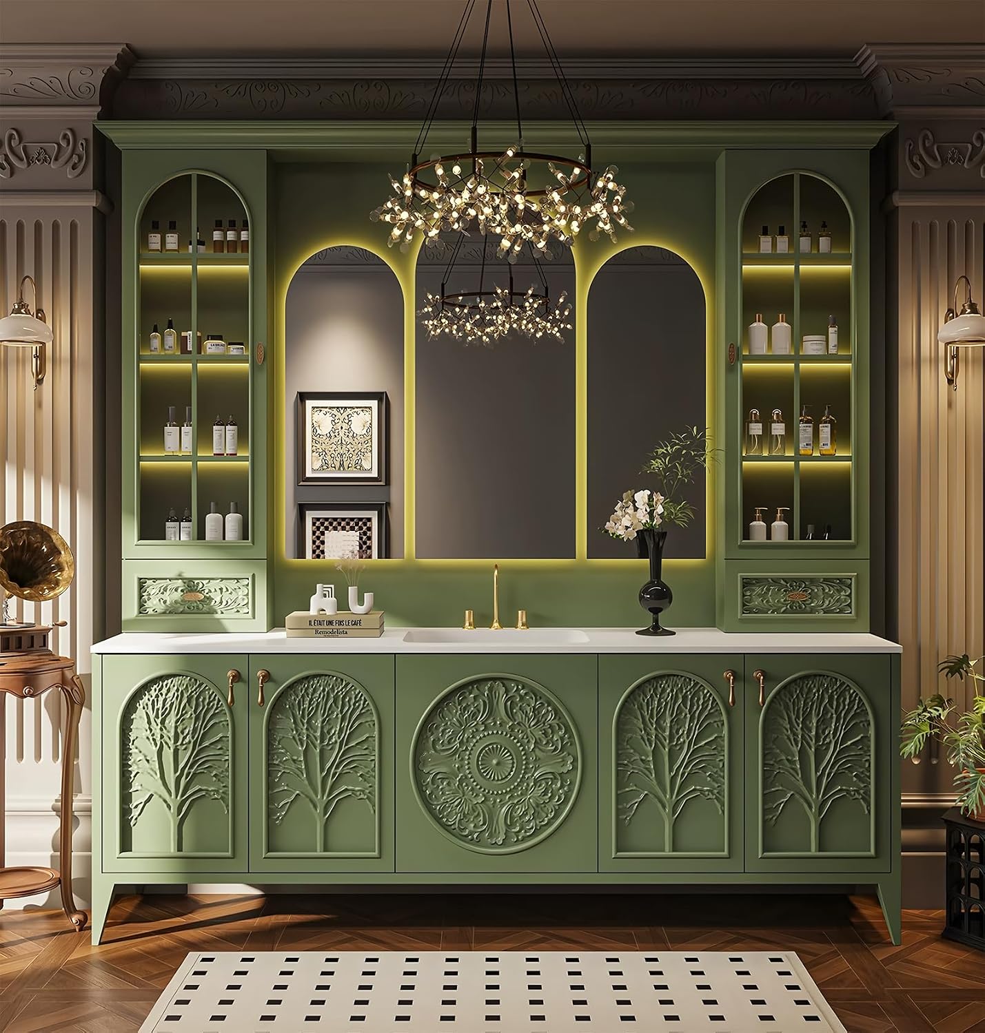 80" Freestanding Bathroom Vanities, Solid Wood Vanities Set with Sink, Anti-Fog Mirror and Storage Side Cabinet, Luxury Bathroom Cabinet with Spacious Countertop and Large Storage Space (Green)
