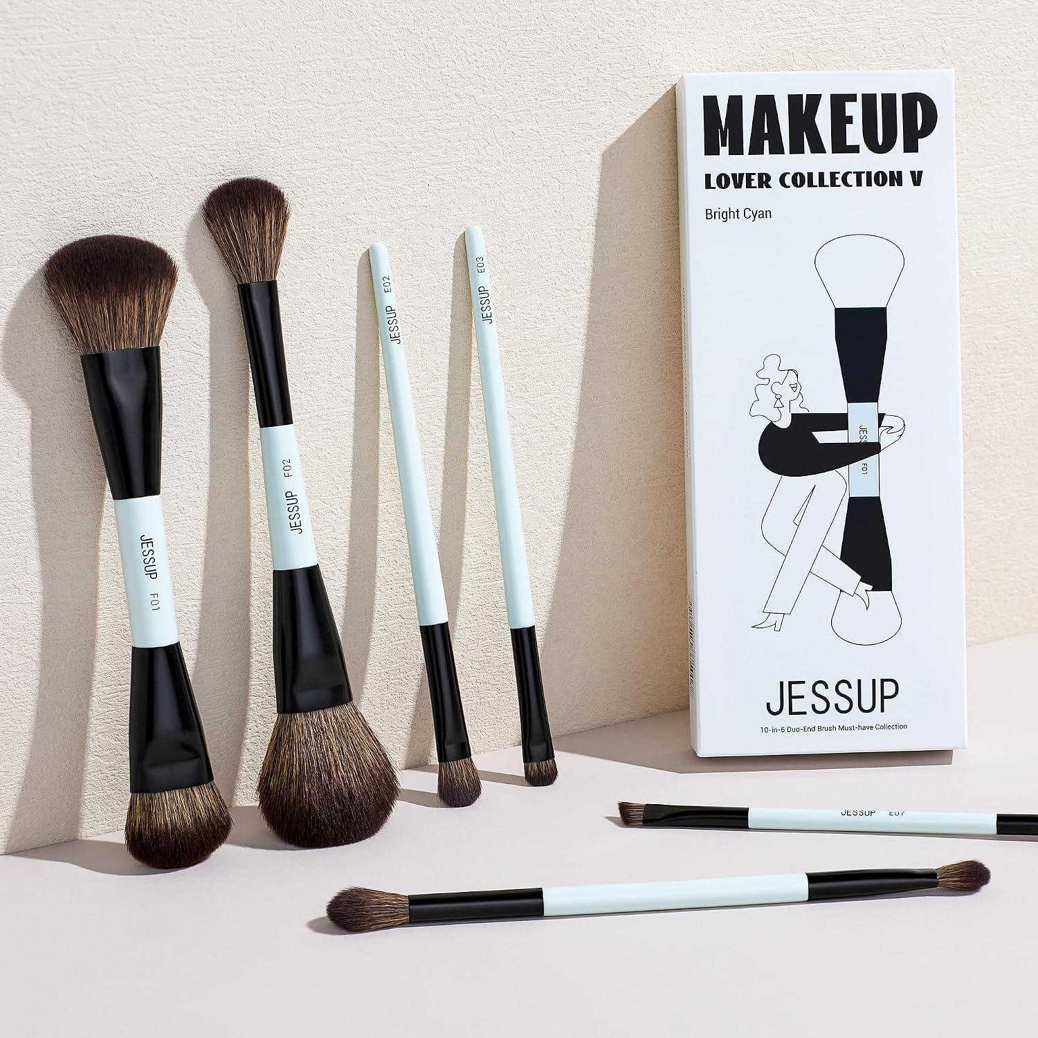 Jessup Makeup Brush Set 6pcs Double Sided Makeup Brushes Foundation Contour Blush Highlight Blending Eyebrow Brush Eyeshadow Brush, Vegan Fiber Make up Brush Bright Cyan T501 - Image 7