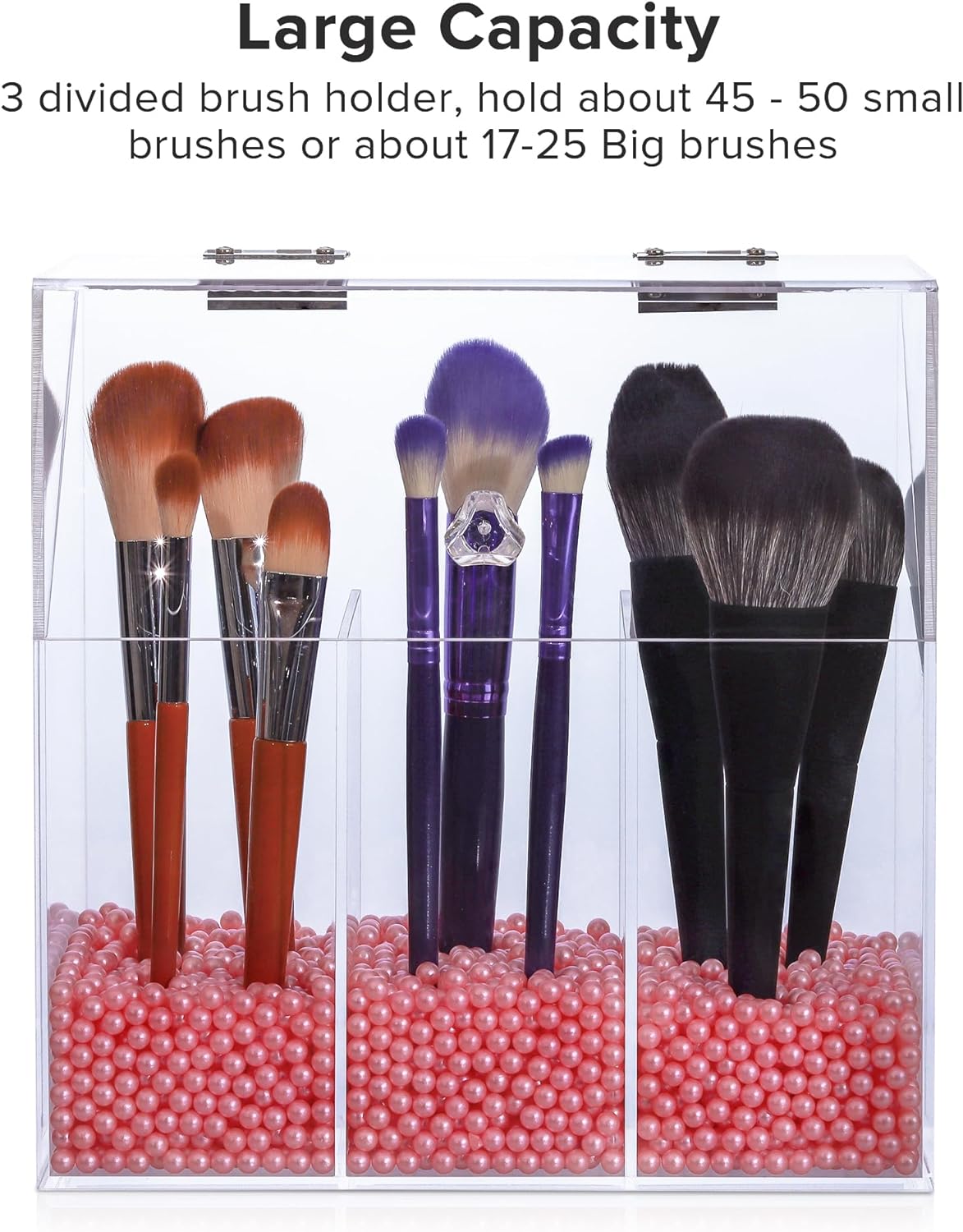 Acrylic Makeup Brush Holder with Lid - Clear Cosmetic Makeup Brush Organizer and Storage Box with Cover for Vanity - Large Capacity 3-Slots Container for Brushes (Clear) - Image 3
