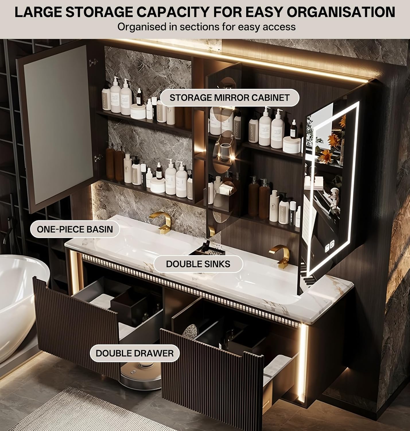 Bathroom Vanity with Dual Sinks, Floating Vanities Set Includes Smart Defog Mirror Cabinet, Luxurious Stone Countertop and Striped Sink Cabinet, Modern Vanity with Sensor Light for Bath (Black,56") - Image 6