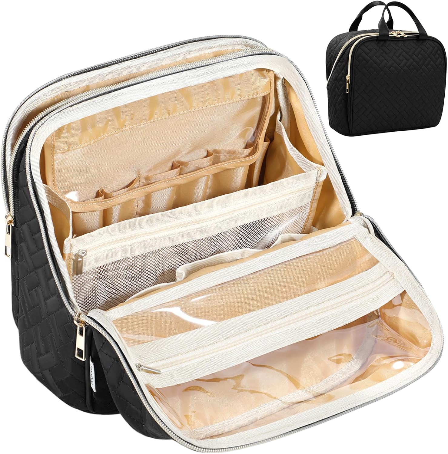 Makeup Bag, Large Capacity with Room for Brushes and Mirror, Travel Makeup Organizer, Portable Standing Make Up Case, Waterproof Cosmetic Toiletry Bags with Handle, Color Black
