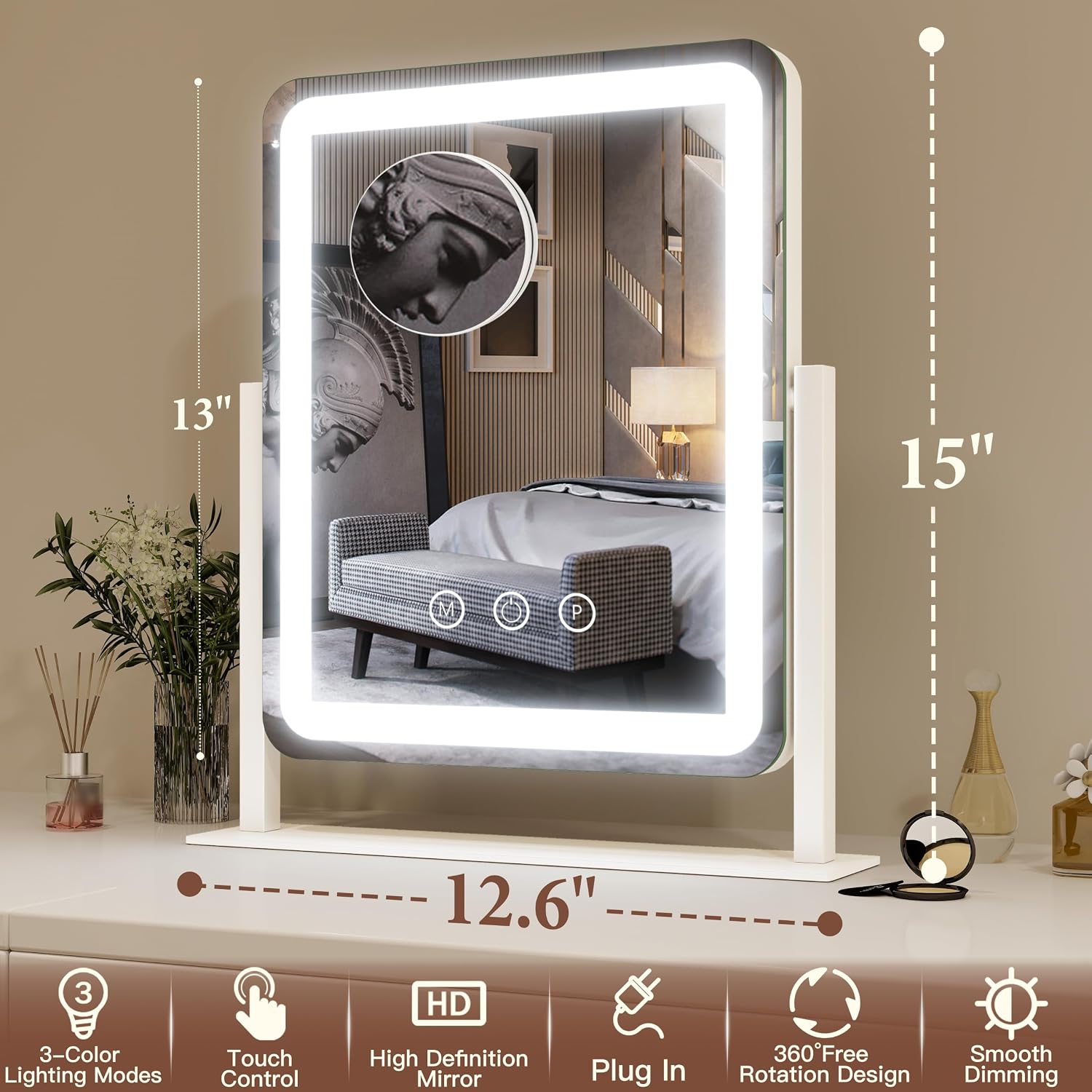 FENNIO Vanity Mirror with Lights - 15"x12.6" LED Lighted Makeup Mirror, Large Makeup Mirror with Lights, Touch Screen with 3-Color Lighting, Dimmable, for Vanity Desk Tabletop, Bedroom - Image 5