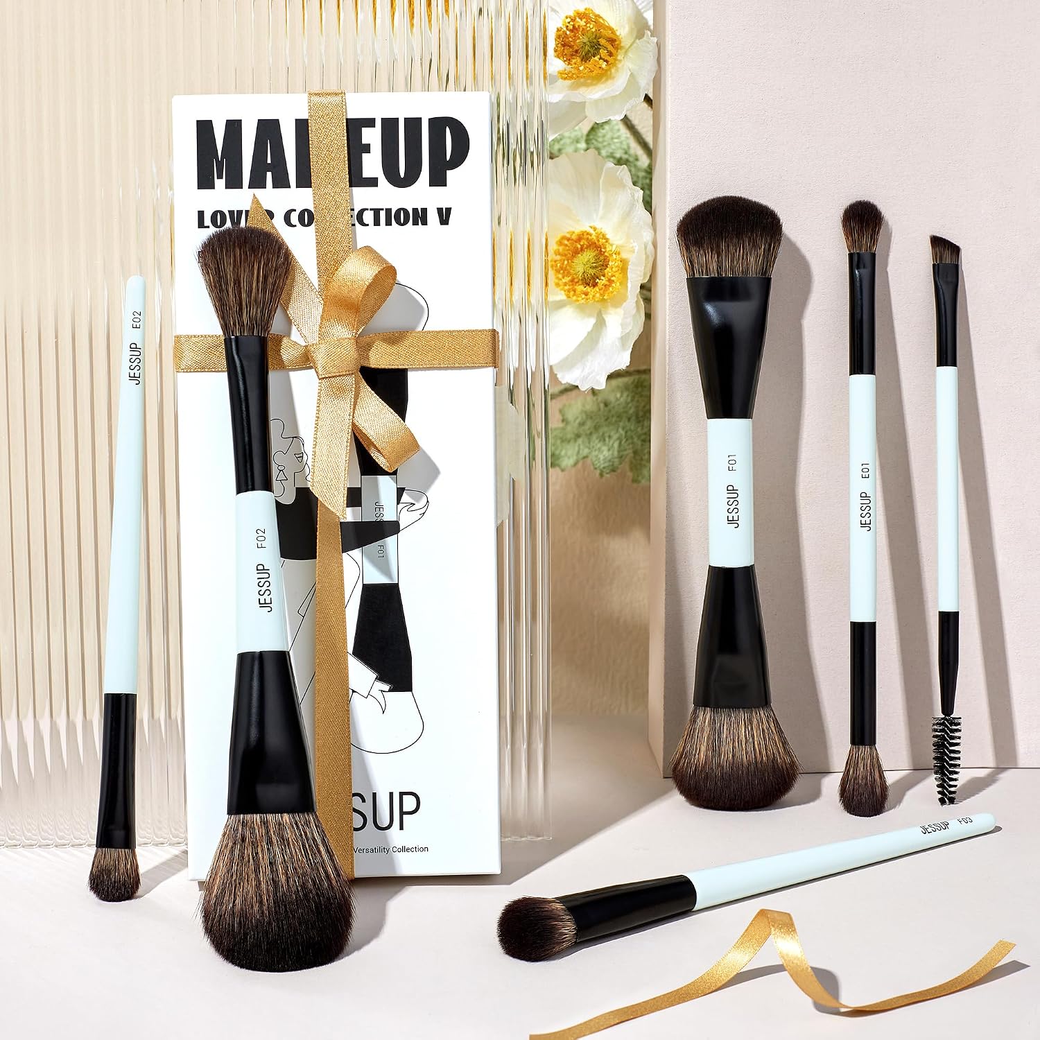 Jessup Makeup Brush Set 6pcs Double Sided Makeup Brushes Foundation Contour Blush Highlight Blending Eyebrow Brush Eyeshadow Brush, Vegan Fiber Make up Brush Bright Cyan T501 - Image 6