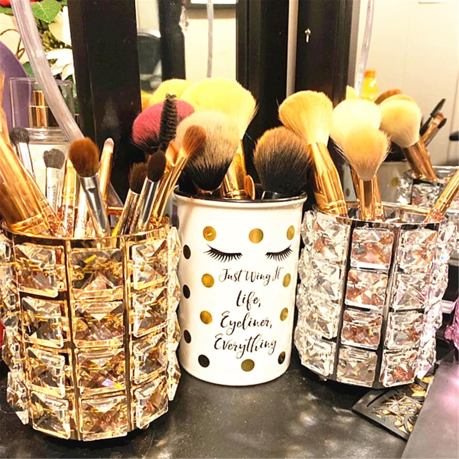 LUGUNU Makeup Brush Holder Organizer Crystal Vanity Decor Bling Personalized Comb Brushes Pen Storage Box Container (Gold 1 Pack) - Image 6
