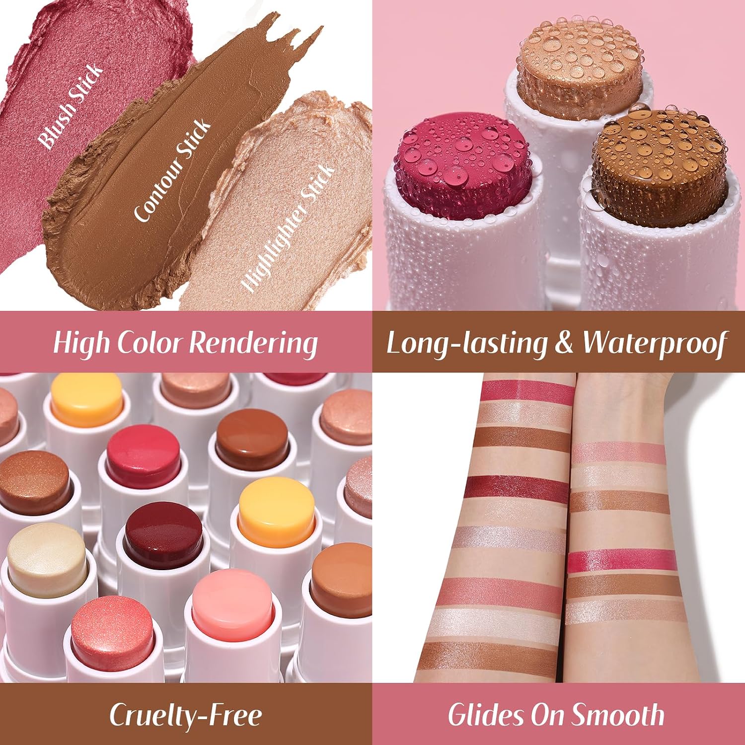 KIMUSE Face Sticks Trio, Blush, Highlighter & Contour Stick for Face Makeup | Long Lasting Sculpting Makeup for Cheeks, Blendable Cream Contour, Blush & Glow Highlighter Sticks, 3Pcs, with Brush - Image 4